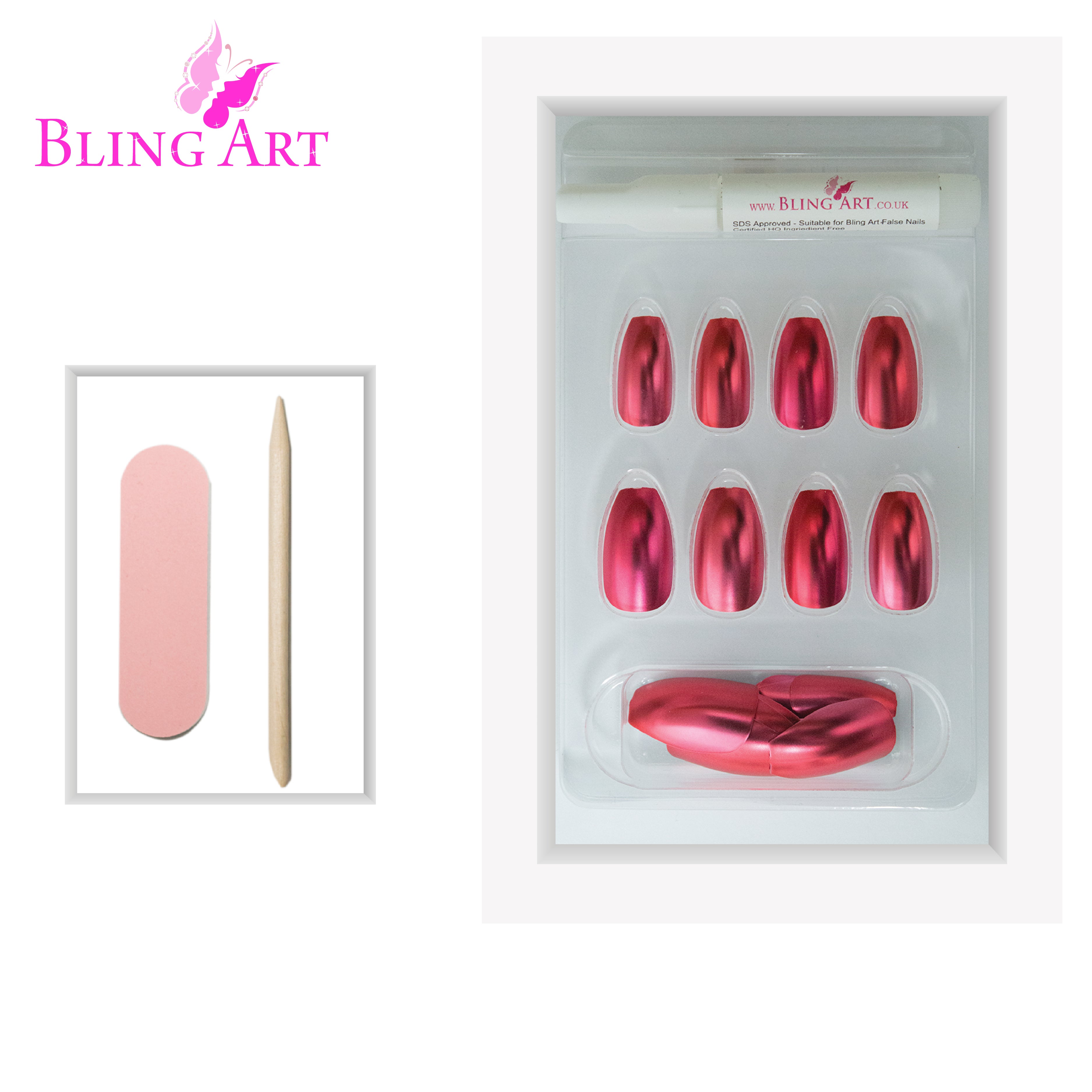 Red matte metallic ballerina coffin Bling Art press-on nails — lifestyle context shot showing the bold crimson chrome-matte finish.