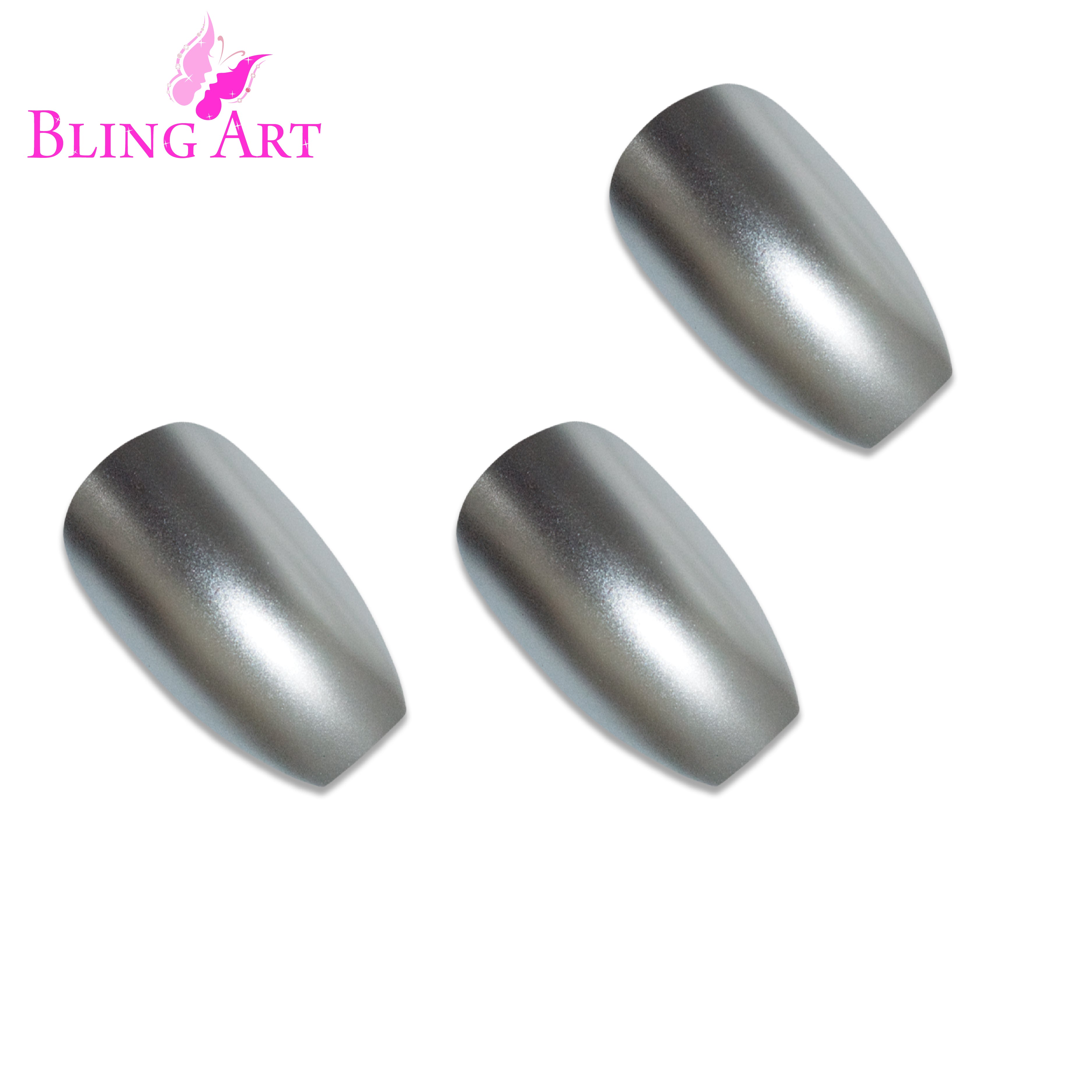 Silver matte metallic ballerina coffin Bling Art press-on nails — worn-hand close-up showing the chrome silver-matte on long ballerina coffin tips. Ballerina = Coffin (same shape).