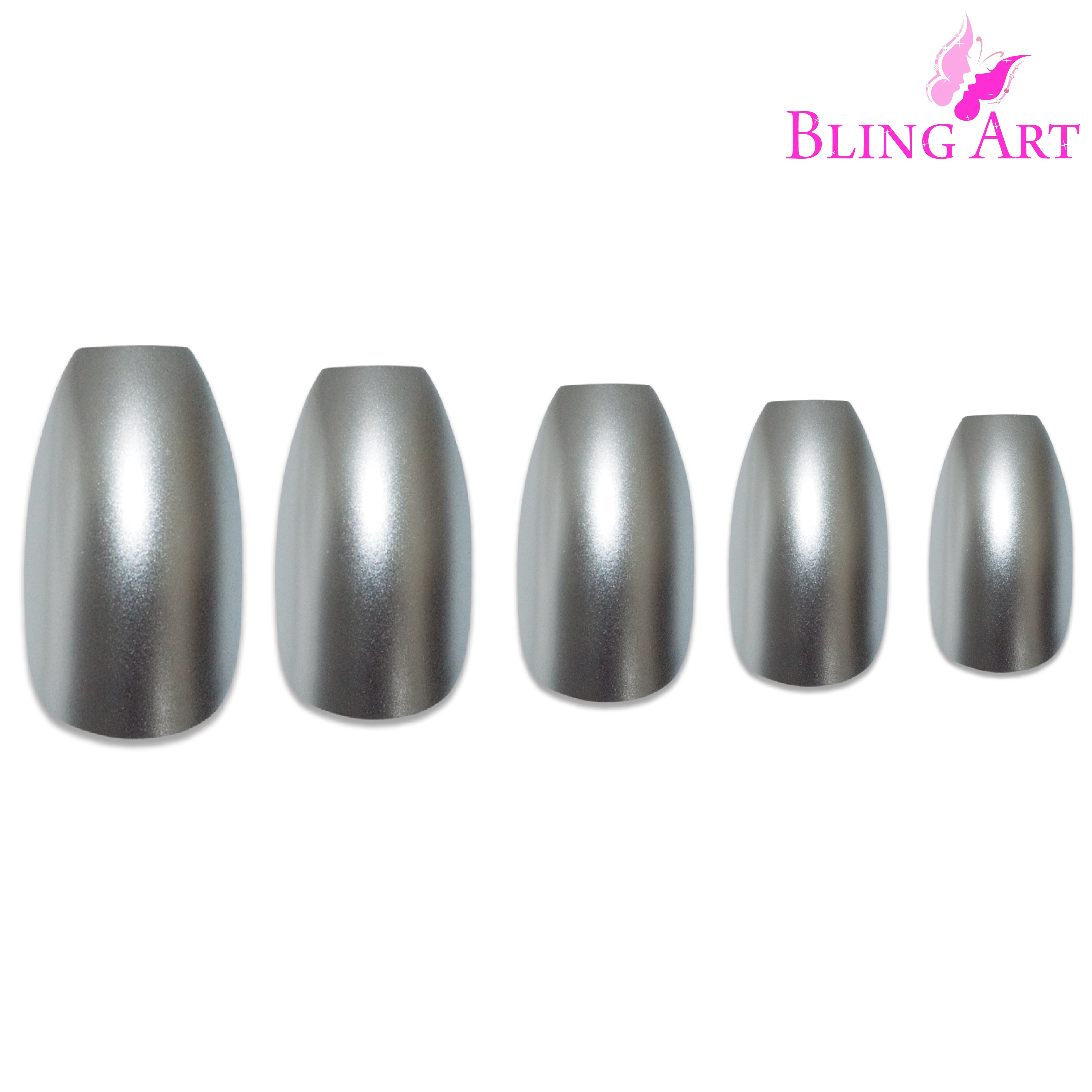 Silver matte metallic ballerina coffin Bling Art press-on nails — alternative angle revealing the bond line on the long ballerina coffin shape.
