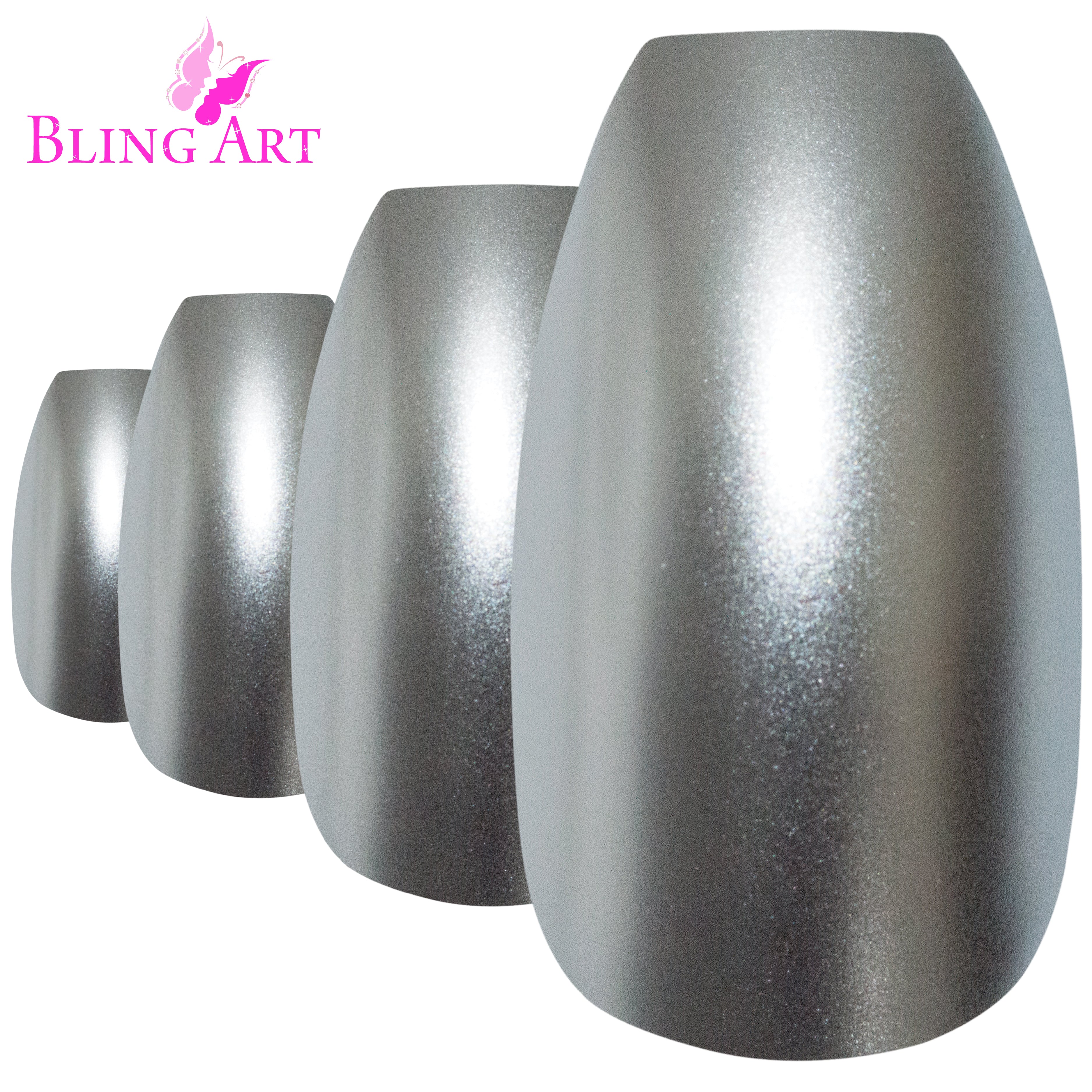 Bling Art Silver matte metallic ballerina coffin press-on nail set packaging — 24 nails, 12 sizes XS-XXL, file and cuticle stick included. Glue not included.