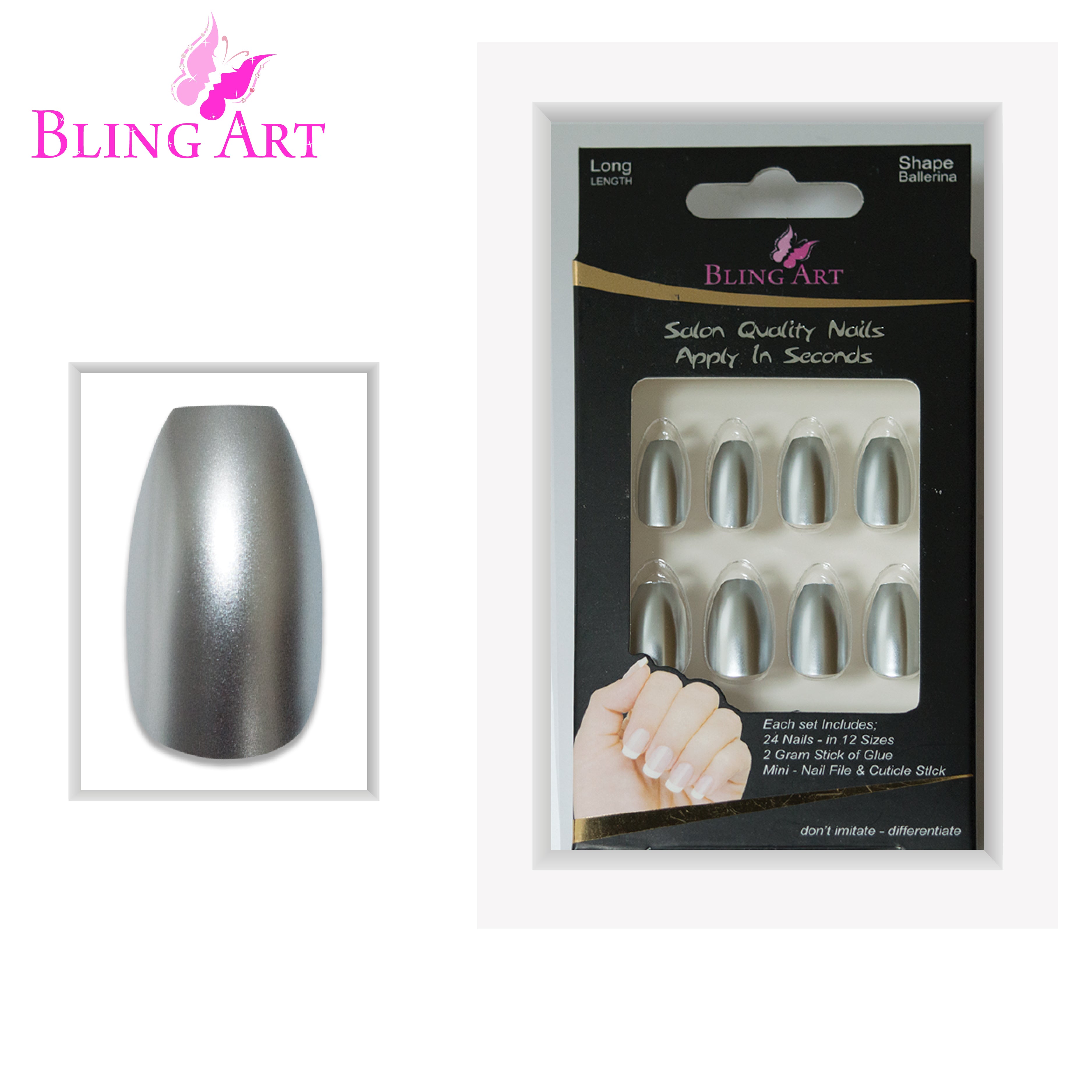 Silver matte metallic ballerina coffin Bling Art press-on nails — full-hand reveal showing all 24 nails for parties and Christmas events.