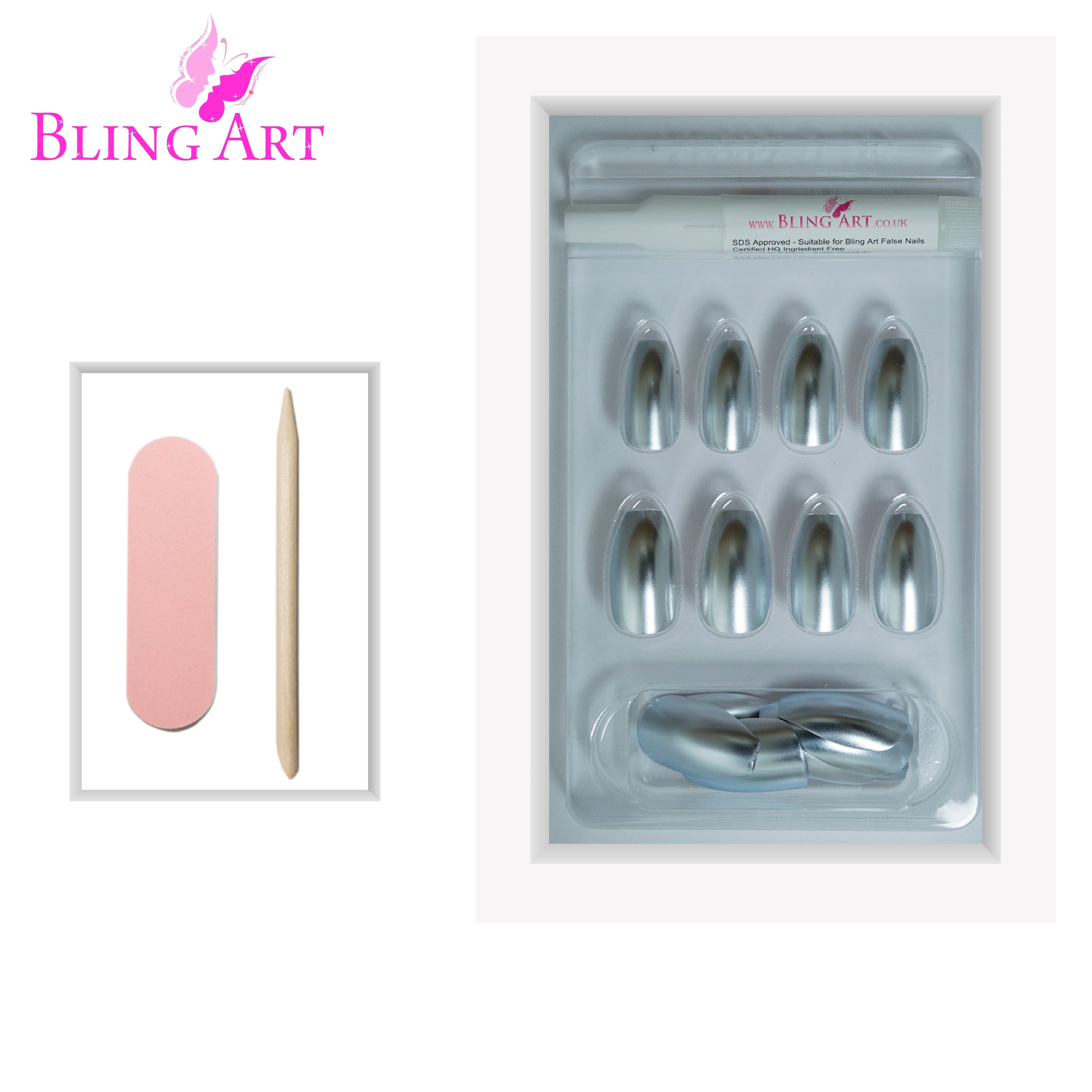 Silver matte metallic ballerina coffin Bling Art press-on nails — lifestyle context shot showing the sleek chrome silver-matte finish.
