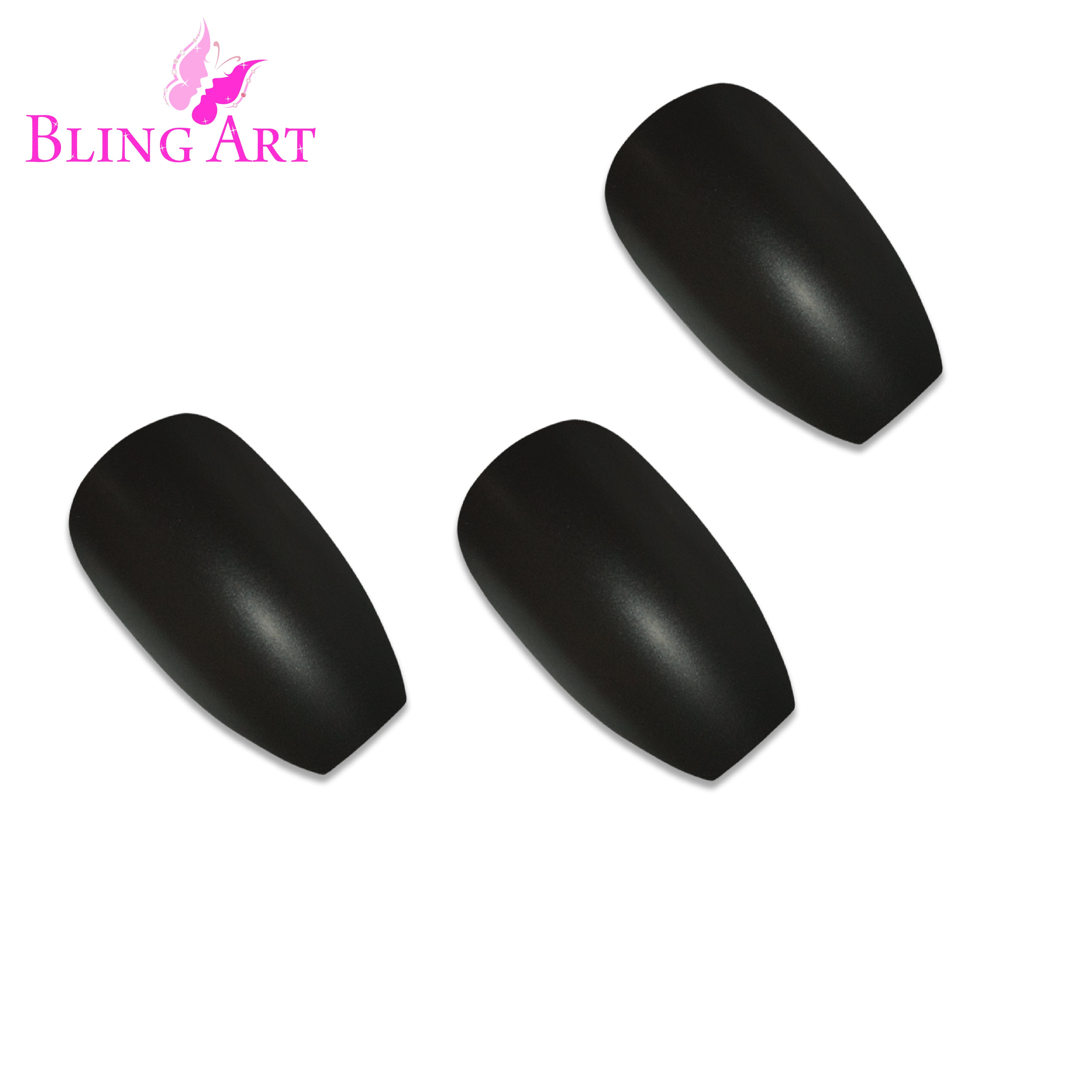 Black matte metallic ballerina coffin Bling Art press-on nails — worn-hand close-up showing the jet-black chrome-matte on long ballerina coffin tips. Ballerina = Coffin (same shape).