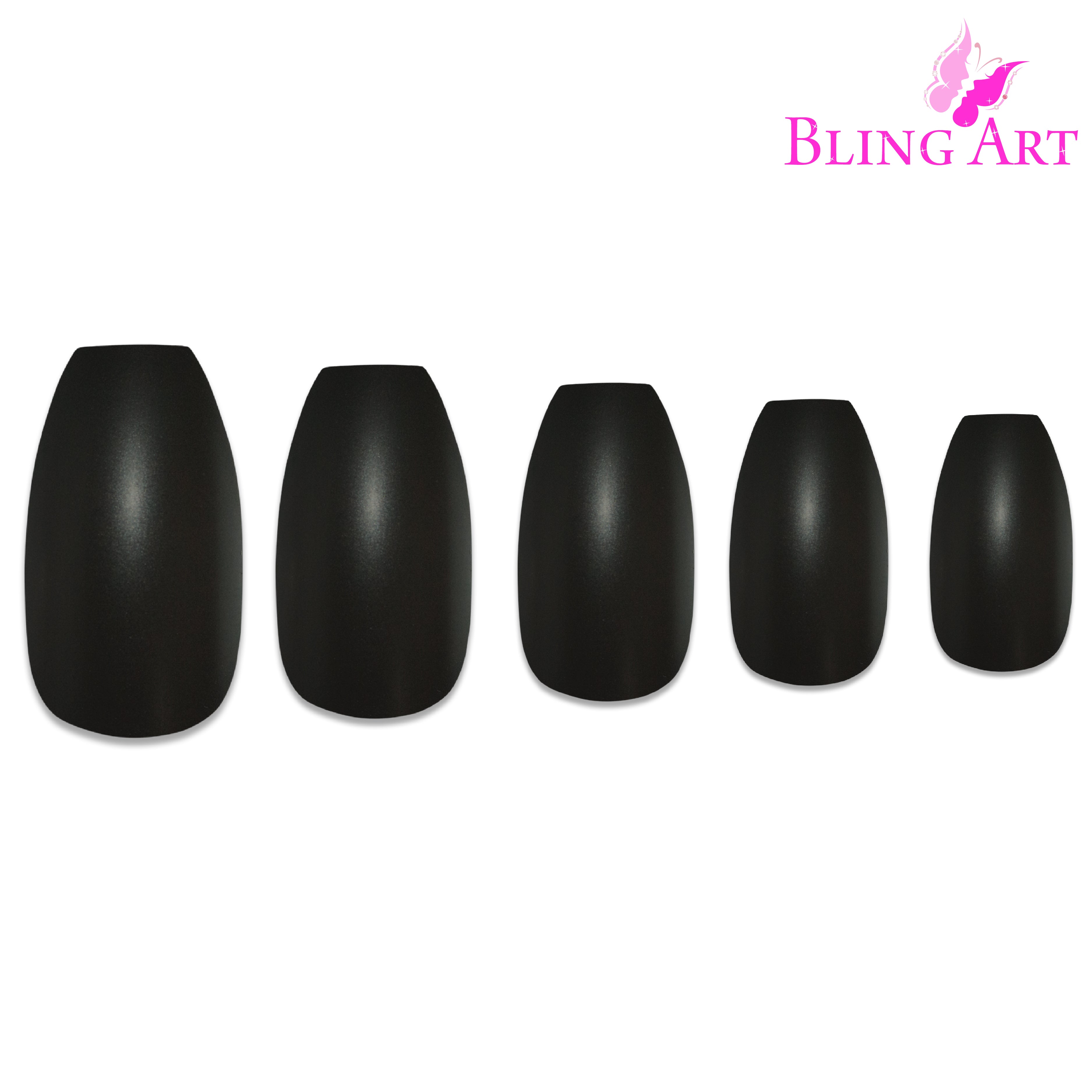 Black matte metallic ballerina coffin Bling Art press-on nails — alternative angle revealing the bond line on the long ballerina coffin shape.