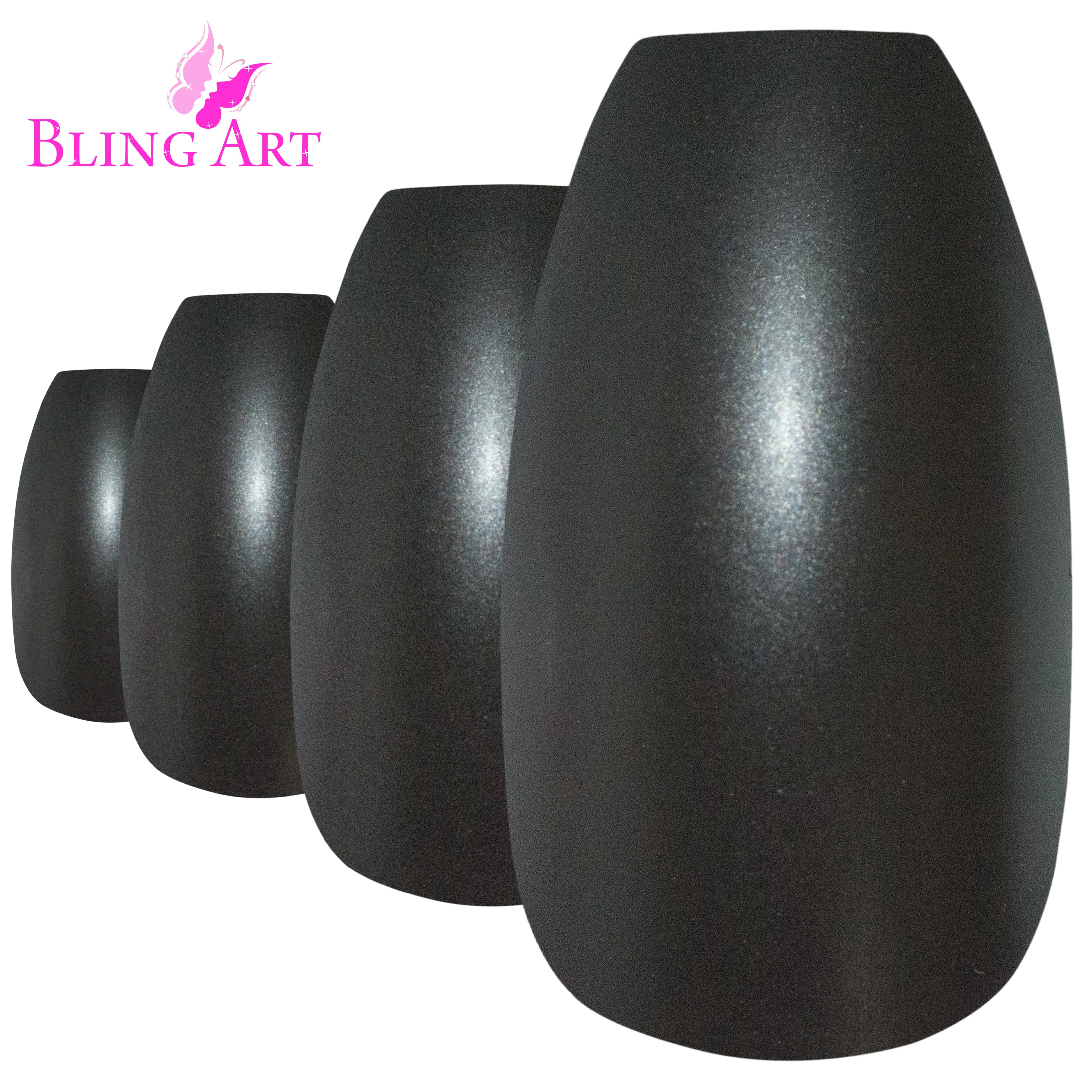 Bling Art Black matte metallic ballerina coffin press-on nail set packaging — 24 nails, 12 sizes XS-XXL, file and cuticle stick included. Glue not included.