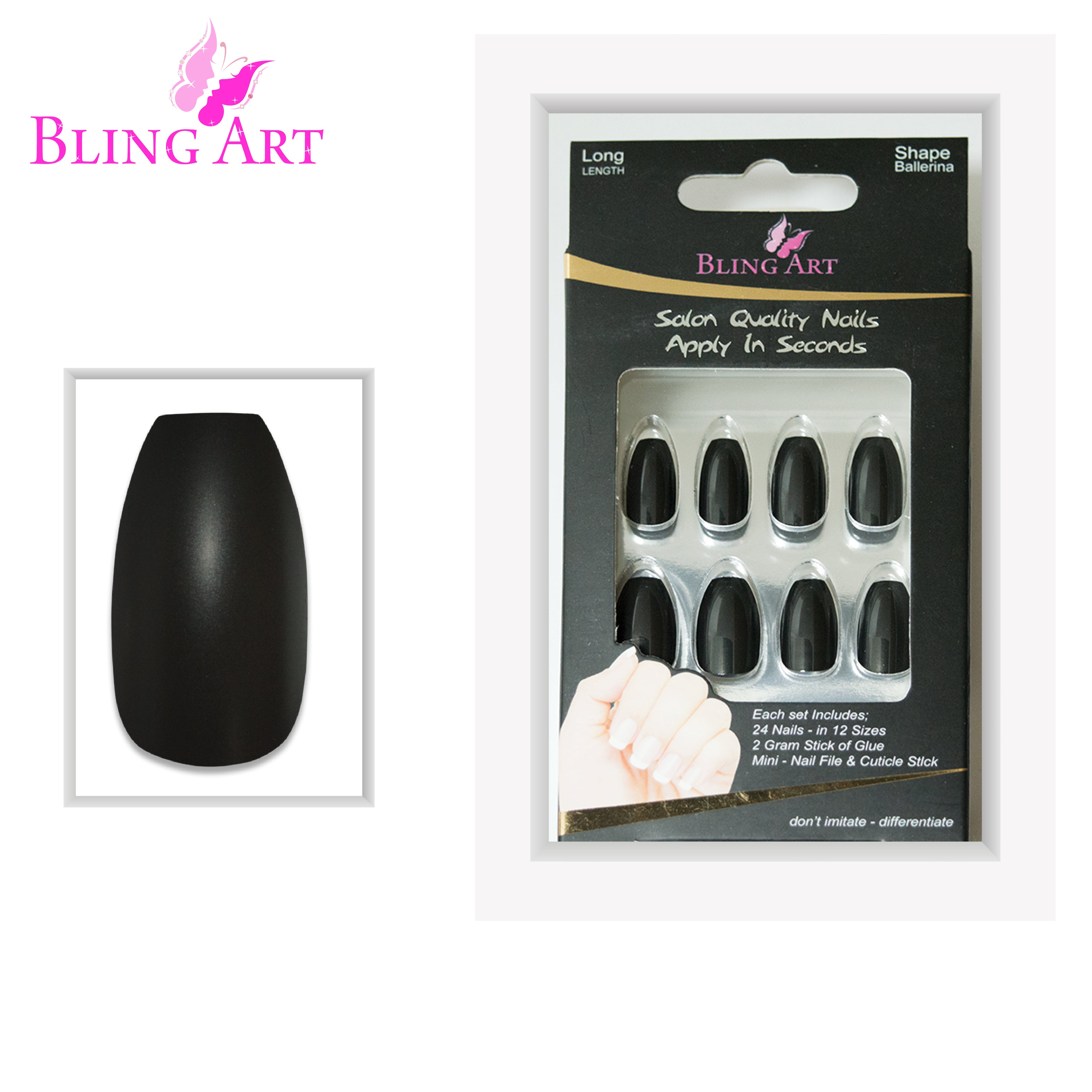 Black matte metallic ballerina coffin Bling Art press-on nails — full-hand reveal showing all 24 nails for evening events and trend-led looks.