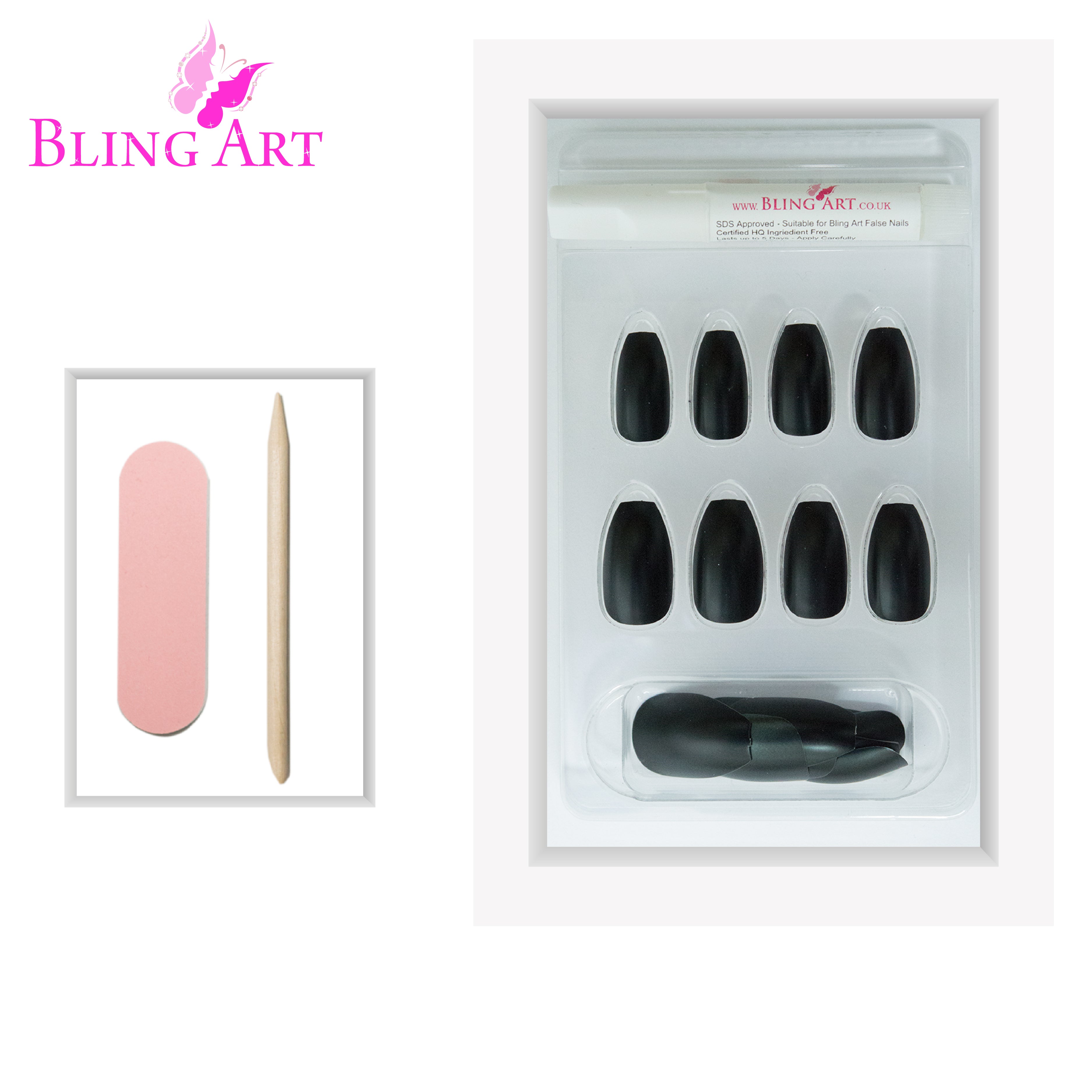 Black matte metallic ballerina coffin Bling Art press-on nails — lifestyle context shot showing the modern jet-black chrome-matte finish.