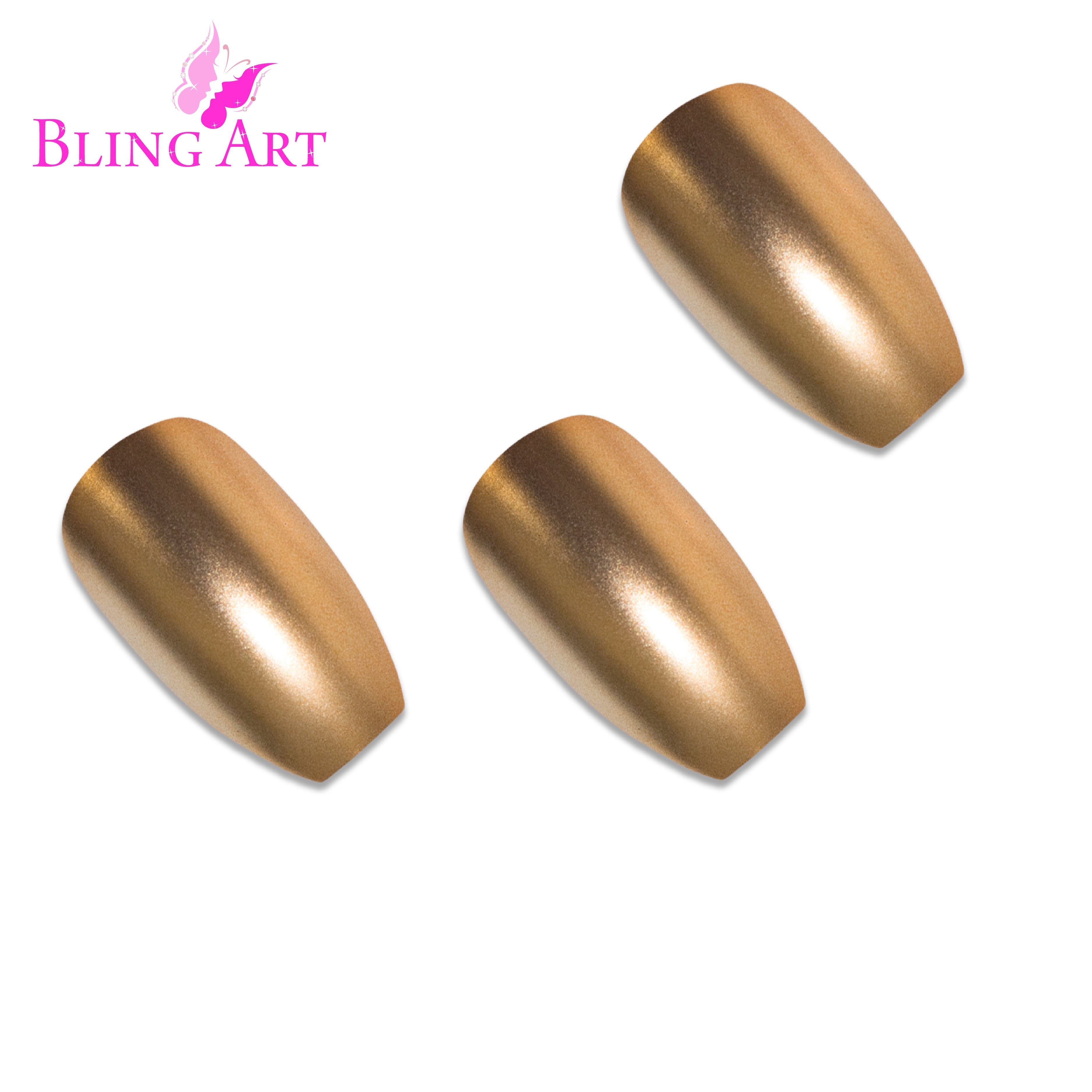 Gold matte metallic ballerina coffin Bling Art press-on nails — worn-hand close-up showing the champagne-gold chrome-matte on long ballerina coffin tips. Ballerina = Coffin (same shape).
