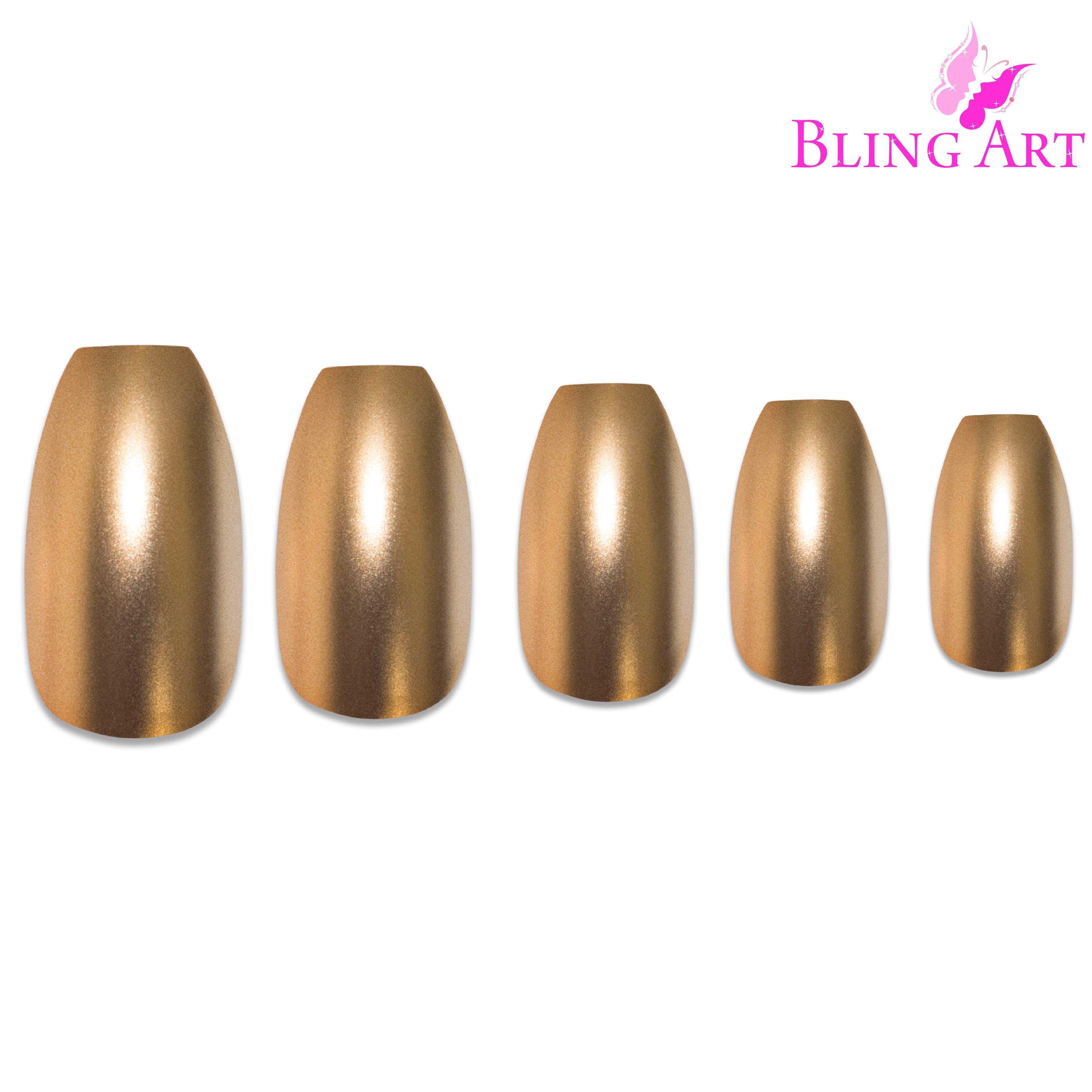 Gold matte metallic ballerina coffin Bling Art press-on nails — alternative angle revealing the bond line on the long ballerina coffin shape.