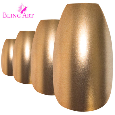 Warm champagne gold matte-metallic ballerina coffin press-on false nails by Bling Art — celebration glamour for weddings, Christmas, and special occasions · chrome-finish metallic with velvet matte texture · long ballerina coffin tips · 24 nails per set with adhesive · designed in Yorkshire
