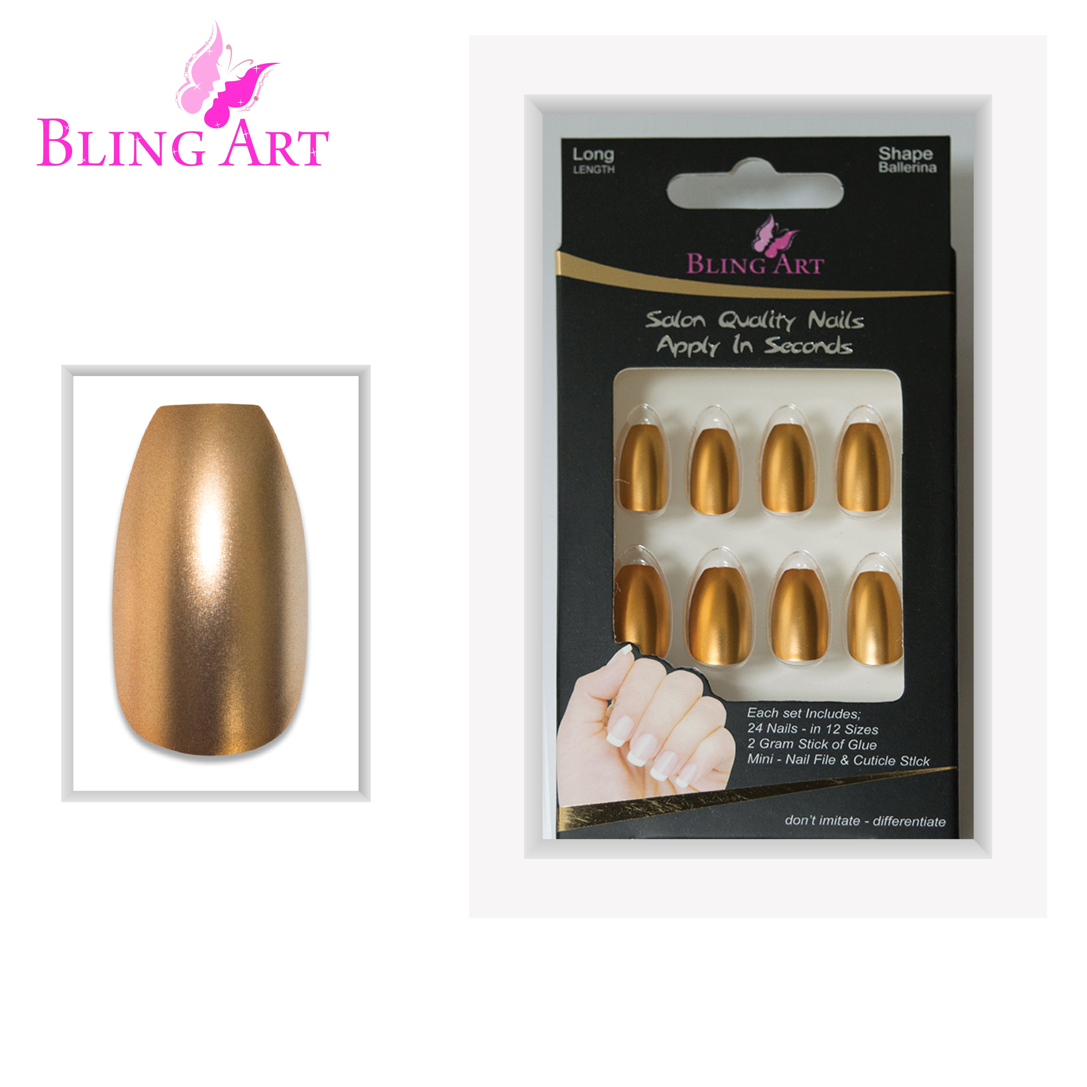 Gold matte metallic ballerina coffin Bling Art press-on nails — full-hand reveal showing all 24 nails for weddings, Christmas and festive parties.