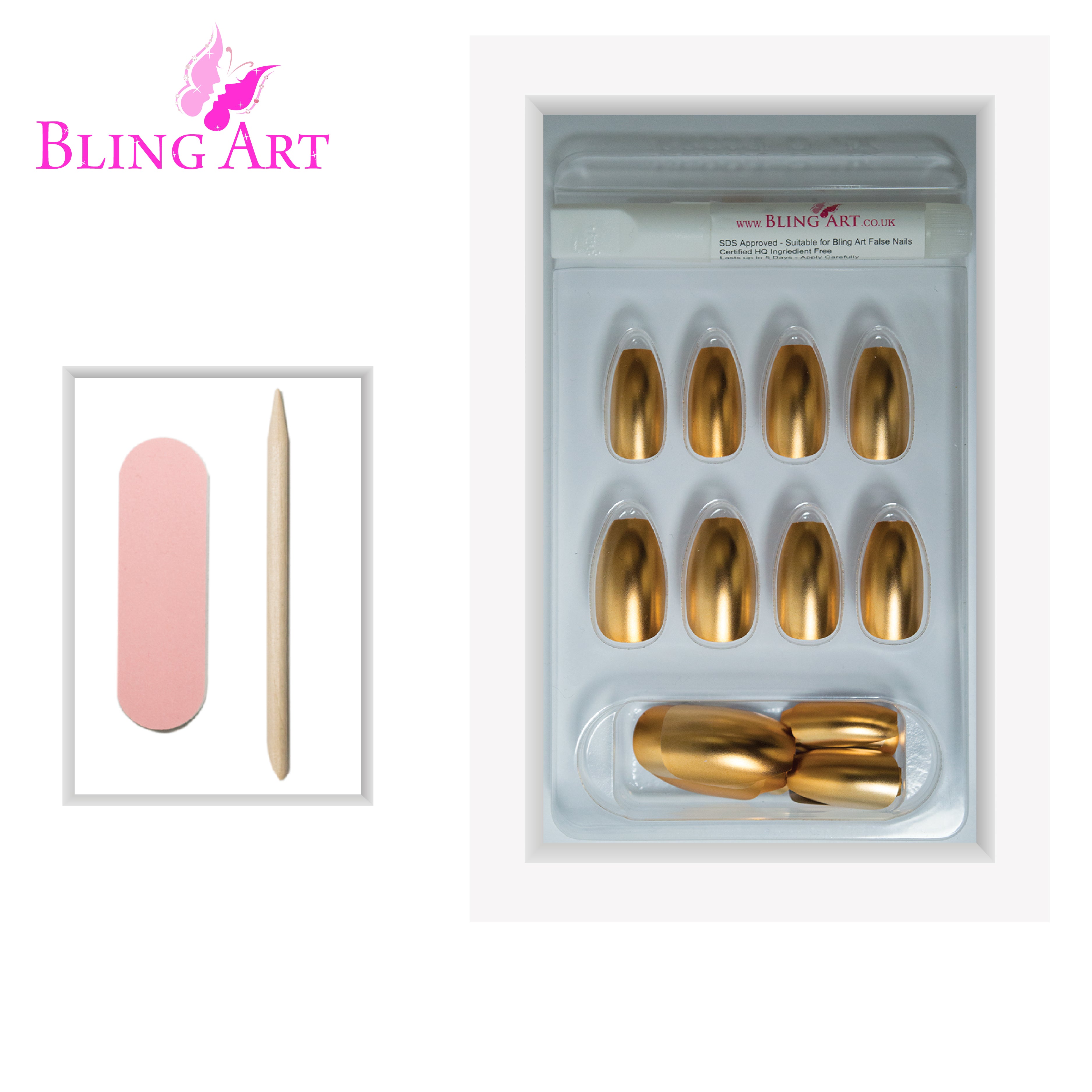 Gold matte metallic ballerina coffin Bling Art press-on nails — lifestyle context shot showing the celebration champagne-gold chrome-matte finish.