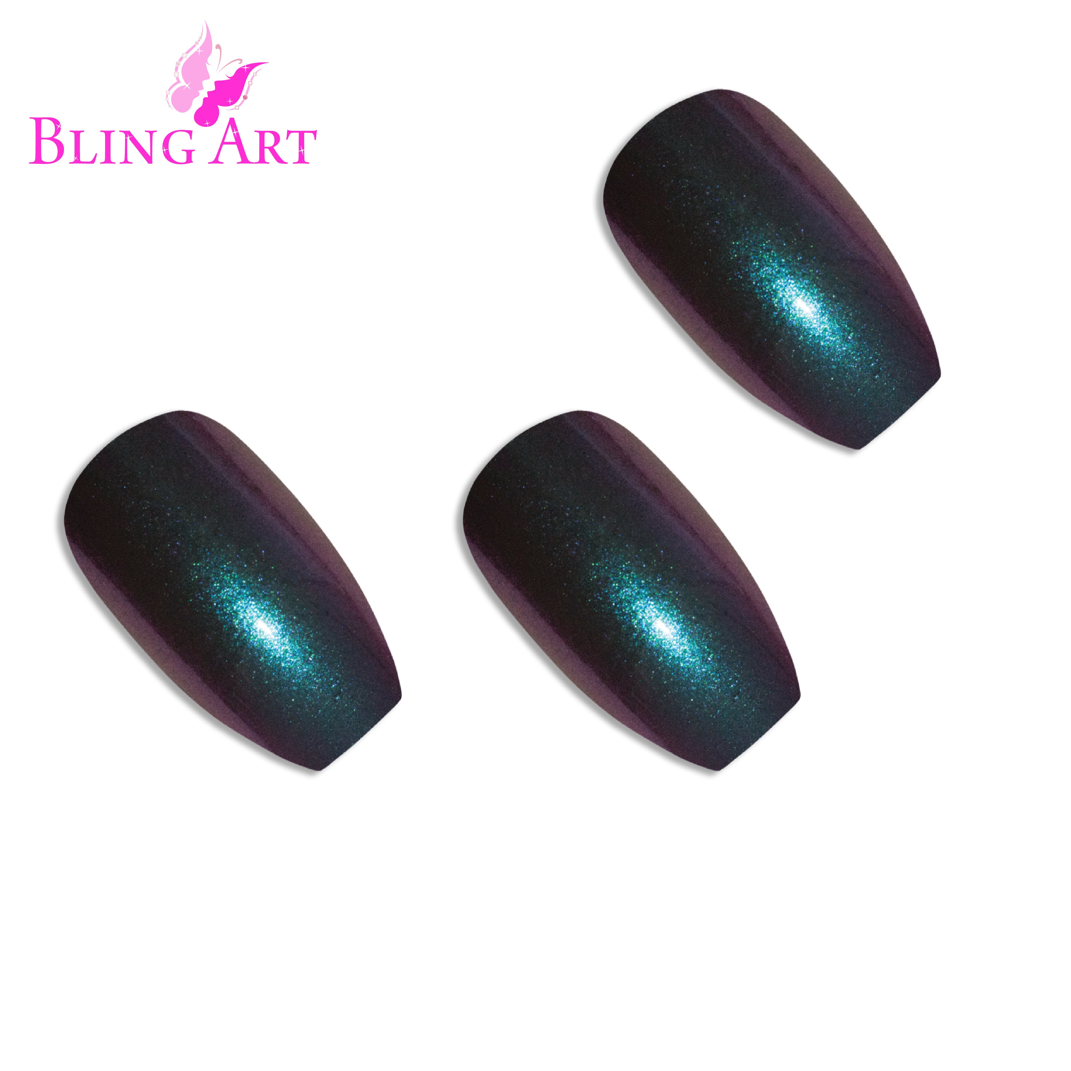 Green Purple chameleon ballerina coffin Bling Art press-on nails — full-hand reveal showing all 24 nails for festivals, parties and editorial events.