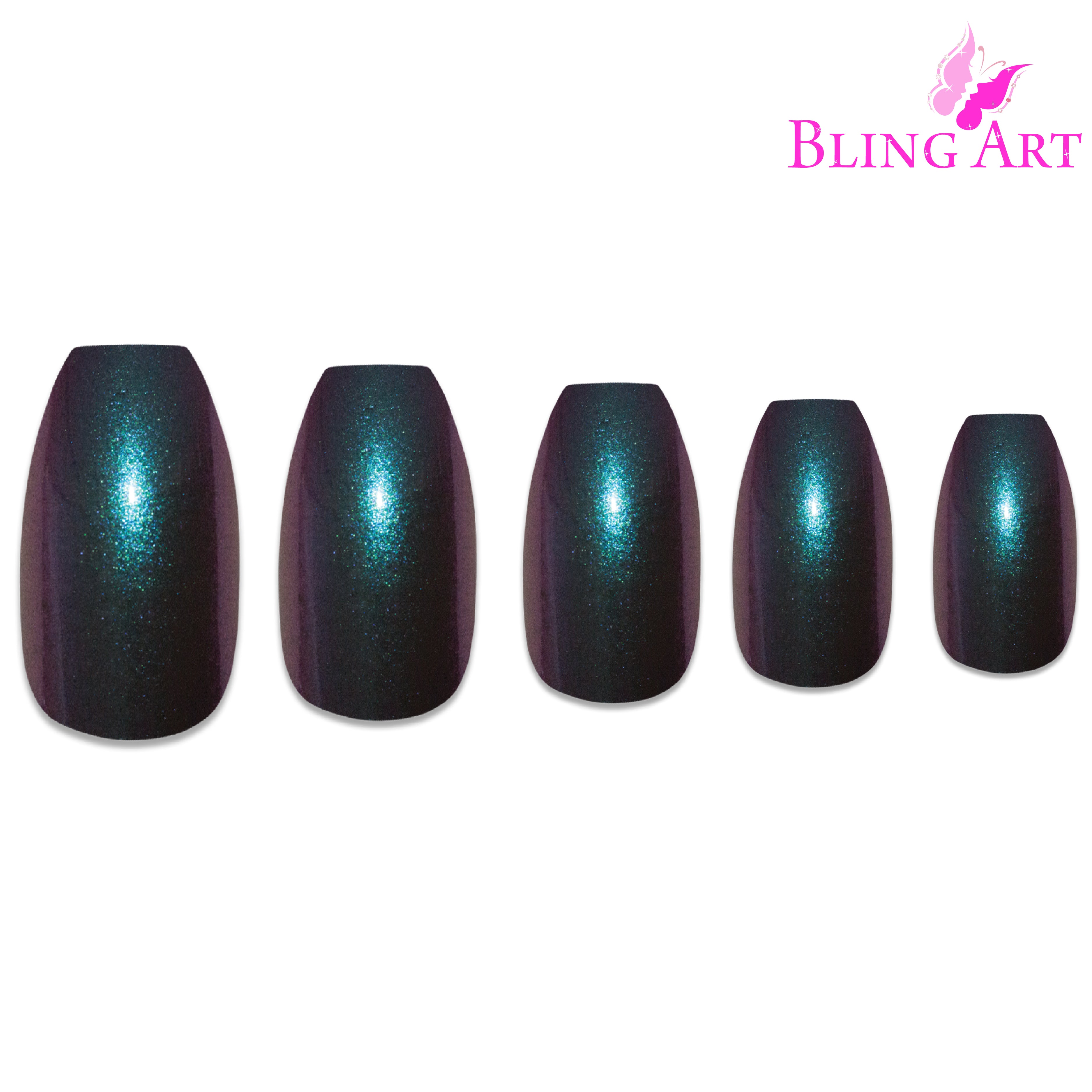 Green Purple chameleon ballerina coffin Bling Art press-on nails — lifestyle context shot showing the bold colour-shifting effect.