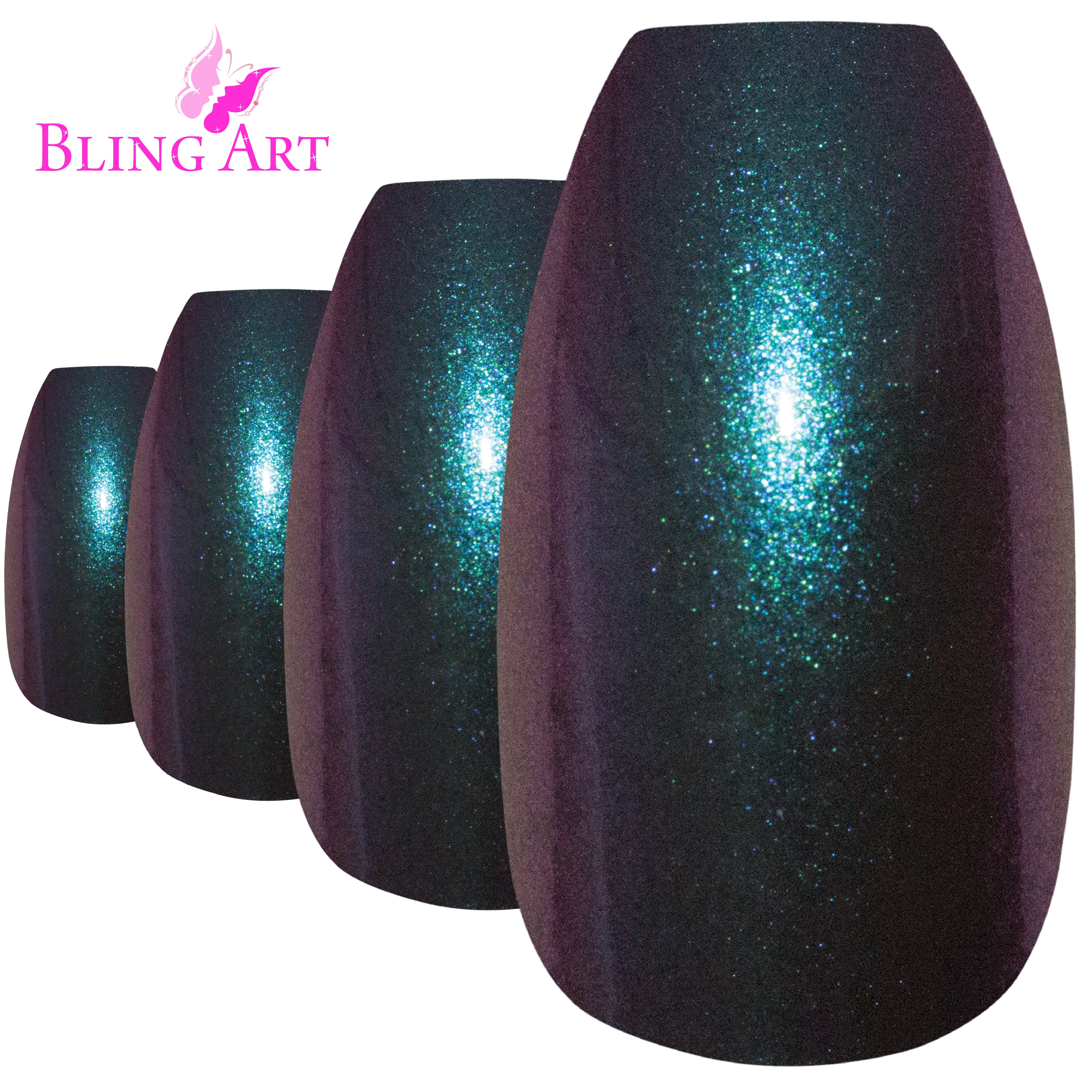 Green Purple chameleon ballerina coffin Bling Art press-on nails — alternative angle revealing the chameleon shift on the long ballerina coffin shape.