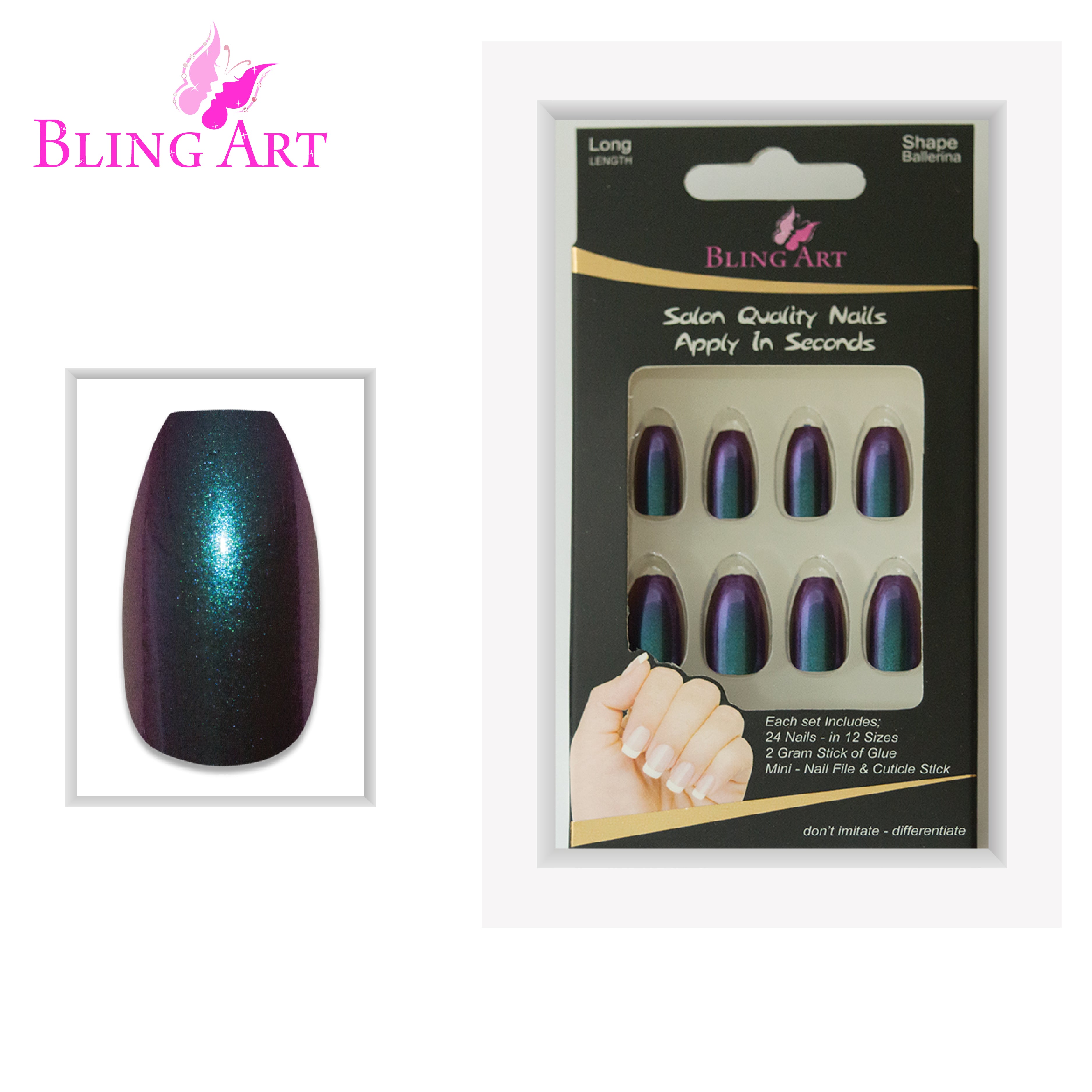 Bling Art Green Purple chameleon ballerina coffin press-on nail set packaging — 24 nails, 12 sizes XS-XXL, file and cuticle stick included. Glue not included.