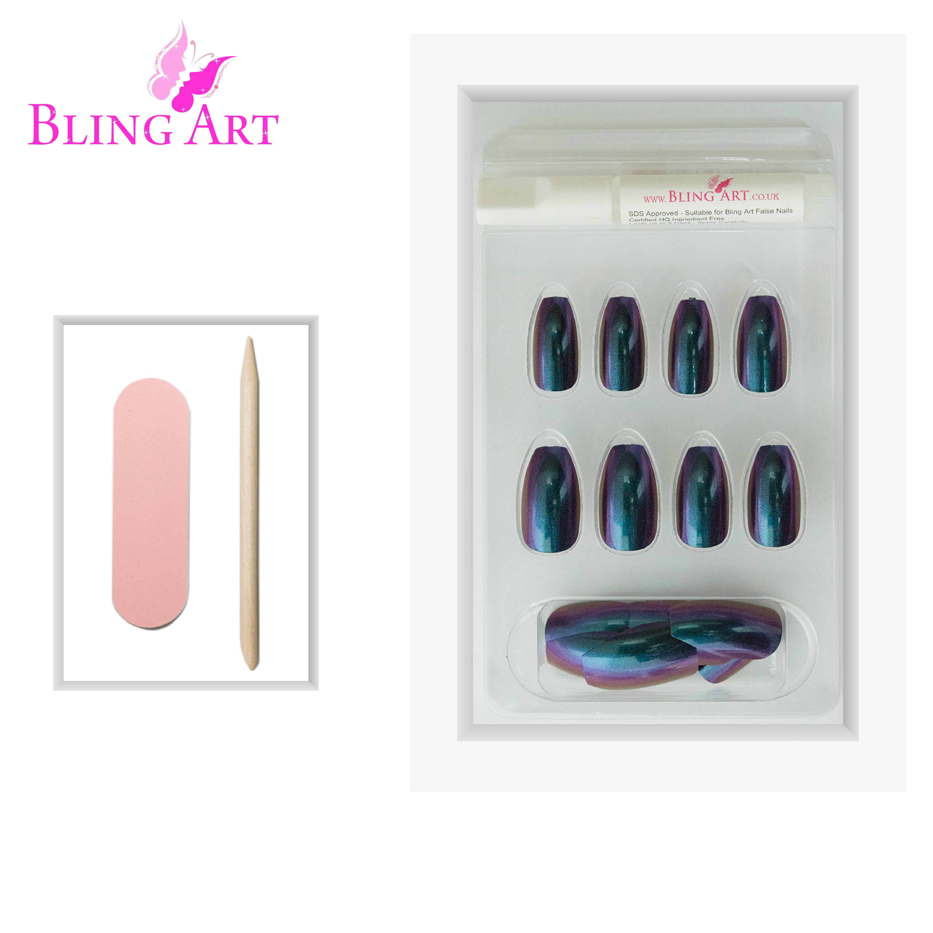 Green Purple chameleon ballerina coffin Bling Art press-on nails — additional product view showing the chameleon long tip silhouette.