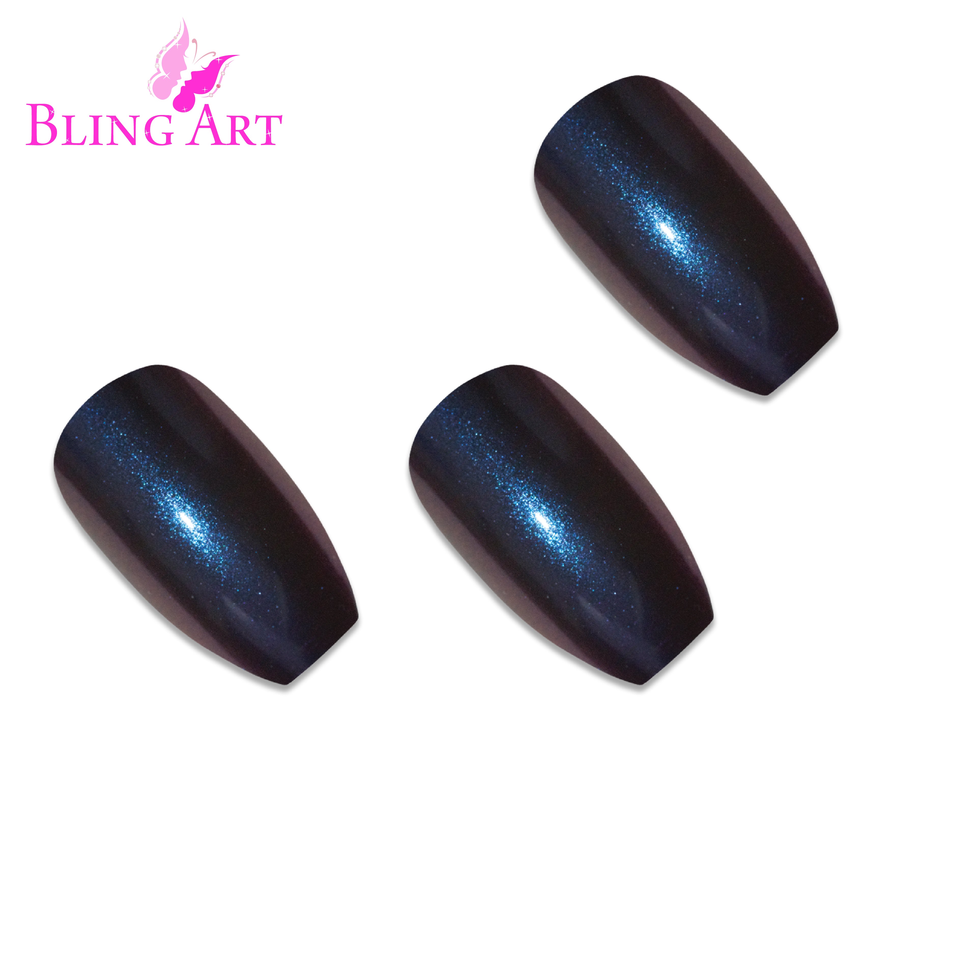 Blue Purple chameleon ballerina coffin Bling Art press-on nails — worn-hand close-up showing the colour-shifting blue-to-purple effect on long ballerina coffin tips. Ballerina = Coffin (same shape).