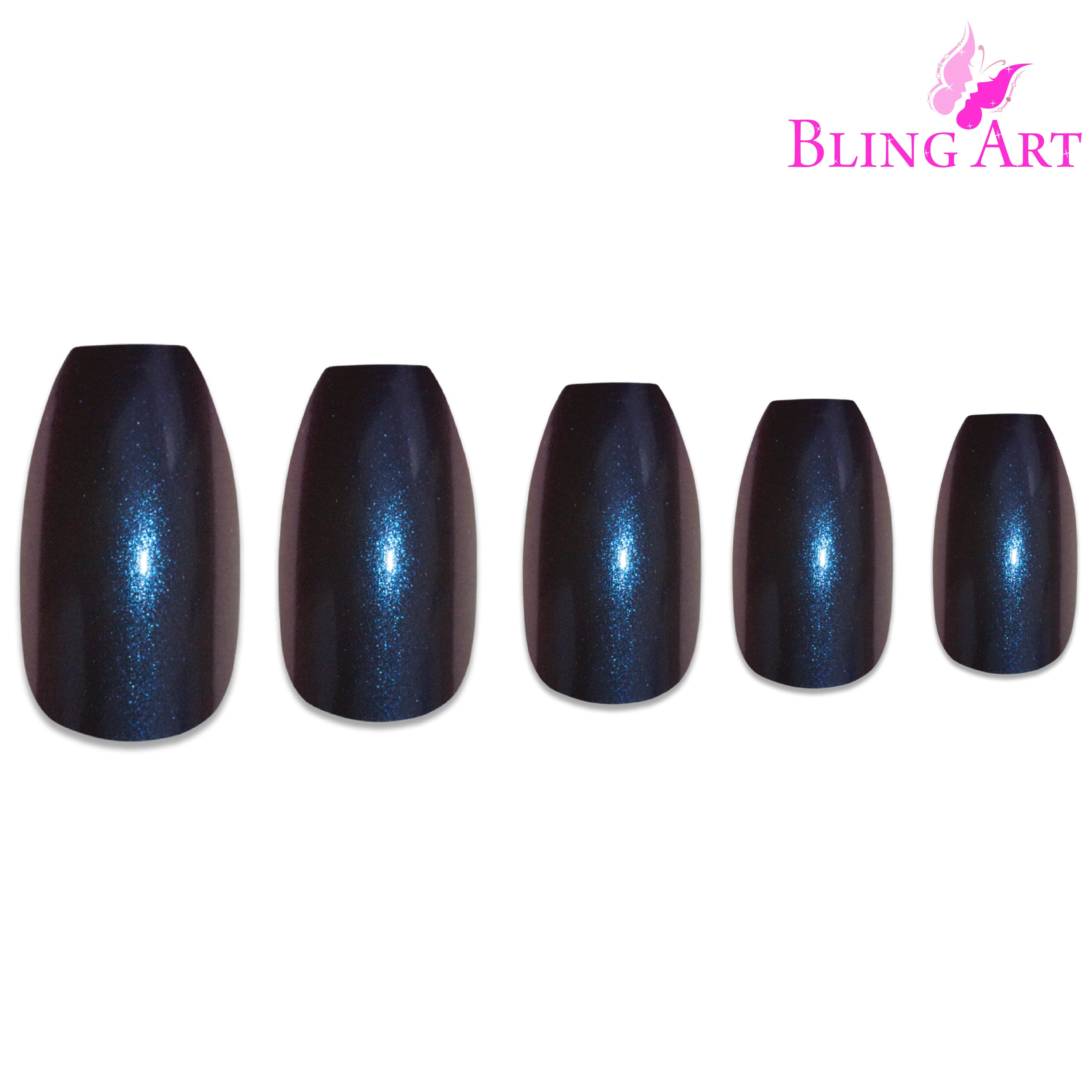 Blue Purple chameleon ballerina coffin Bling Art press-on nails — alternative angle revealing the chameleon shift on the long ballerina coffin shape.