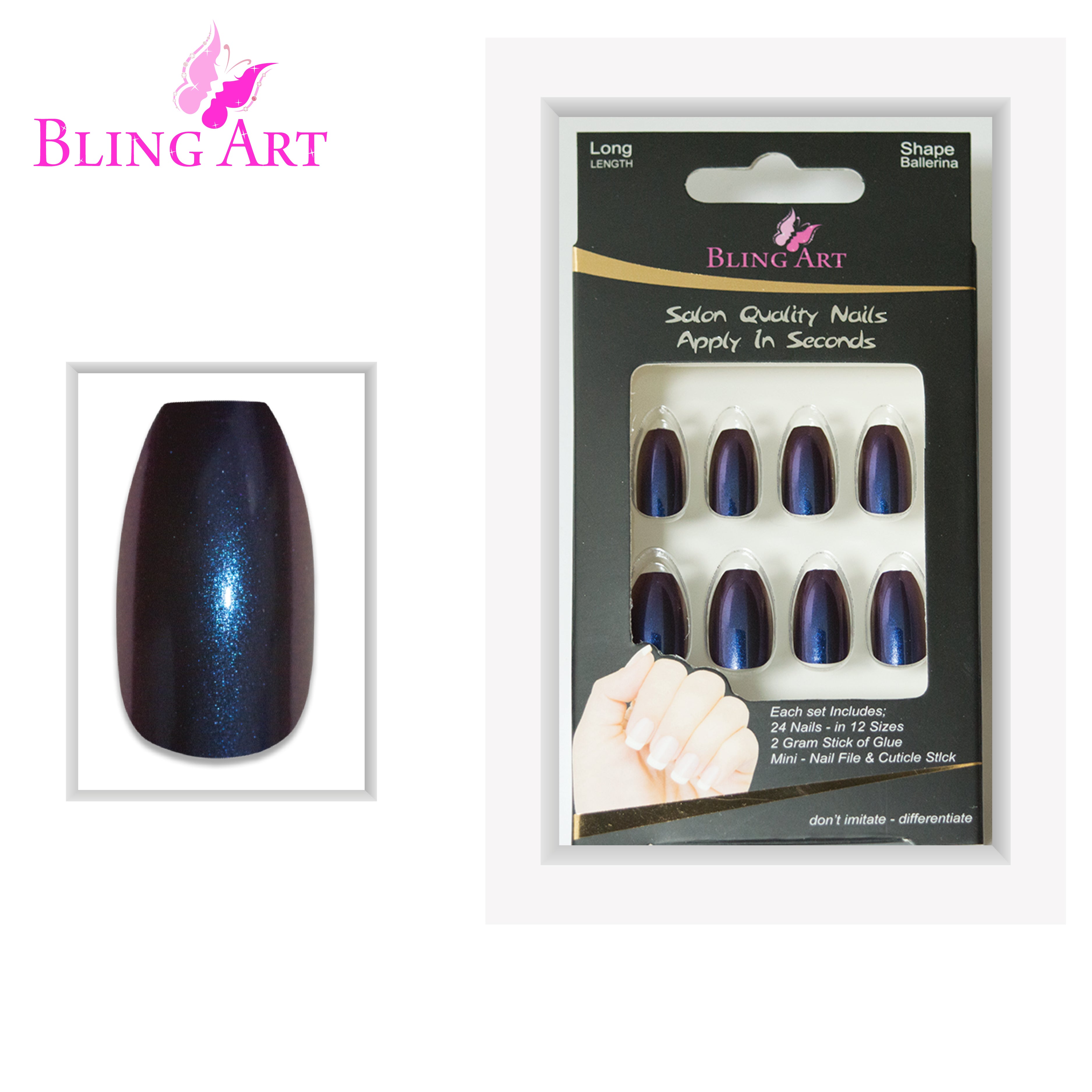 Blue Purple chameleon ballerina coffin Bling Art press-on nails — full-hand reveal showing all 24 nails for festivals and editorial events.