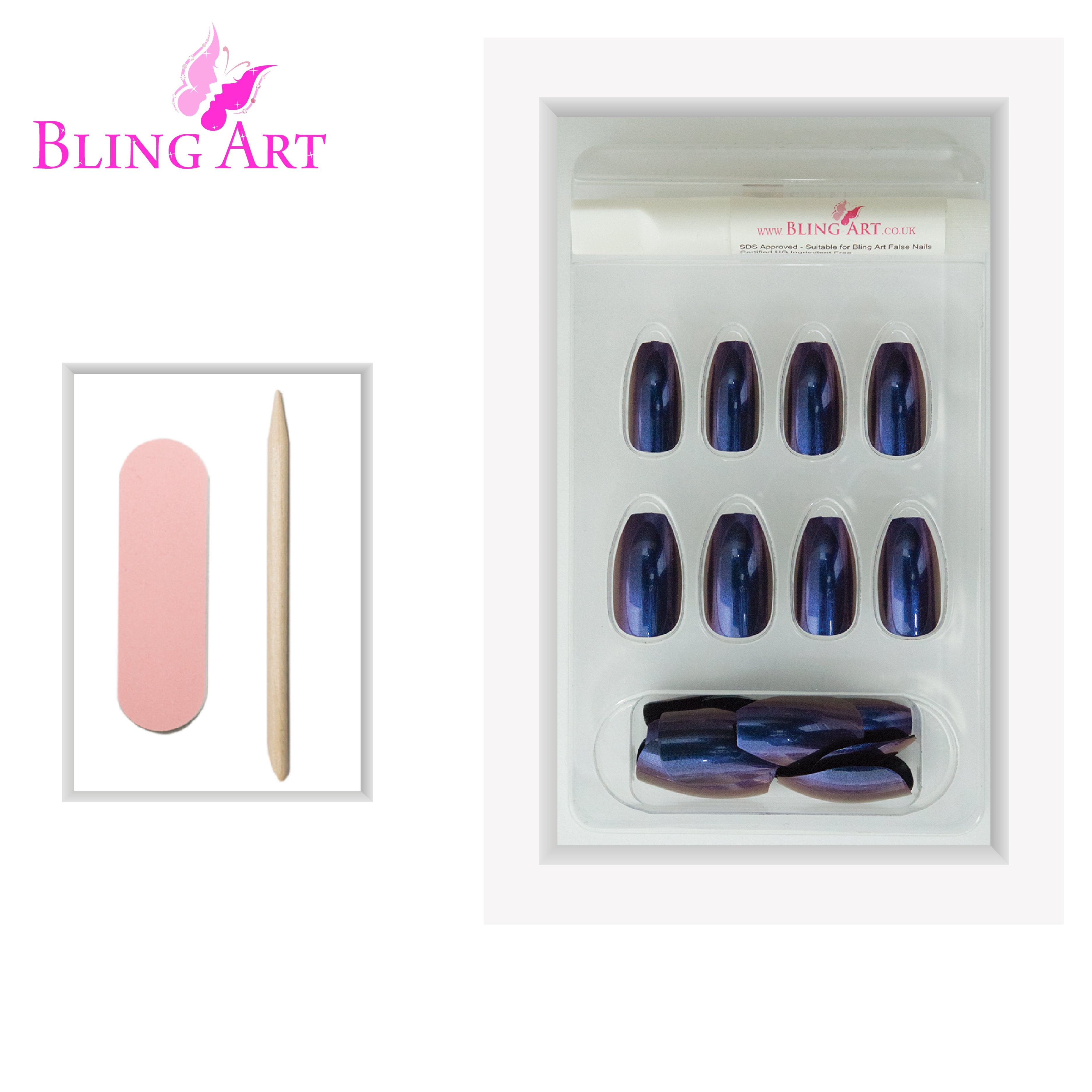 Blue Purple chameleon ballerina coffin Bling Art press-on nails — lifestyle context shot showing the bold colour-shifting effect.