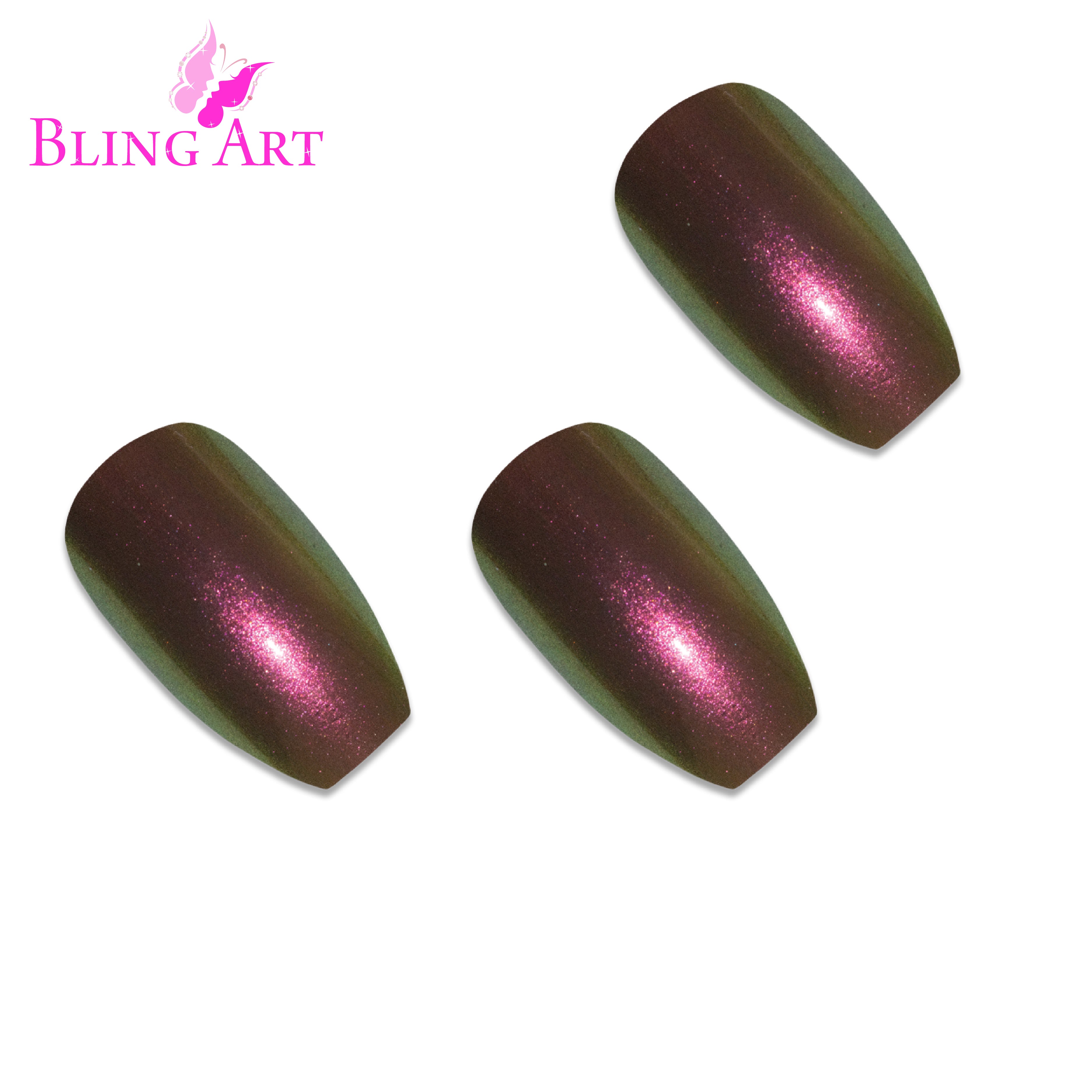 Gold Green chameleon ballerina coffin Bling Art press-on nails — worn-hand close-up showing the colour-shifting gold-to-green effect on long ballerina coffin tips. Ballerina = Coffin (same shape).