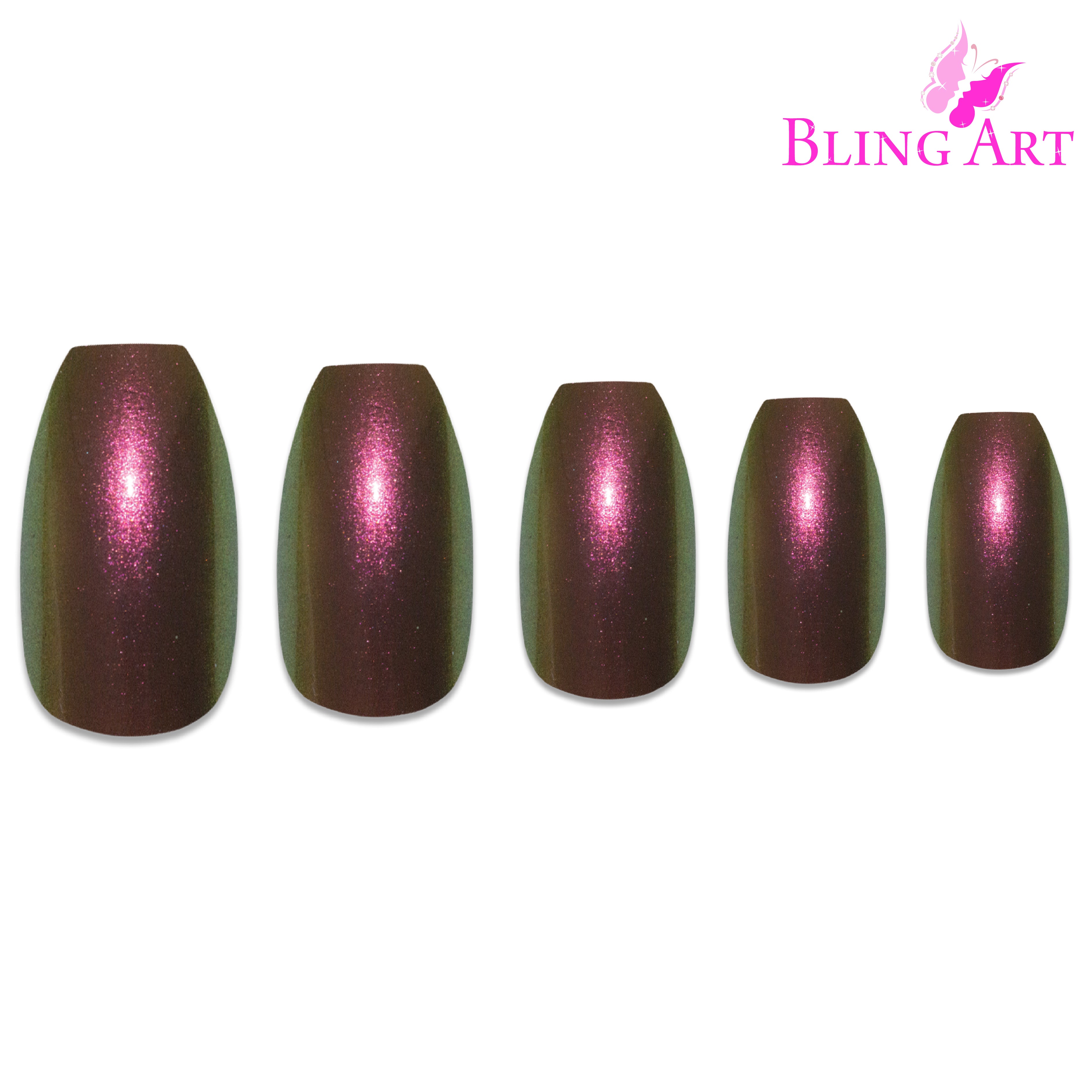 Gold Green chameleon ballerina coffin Bling Art press-on nails — alternative angle revealing the chameleon shift on the long ballerina coffin shape.