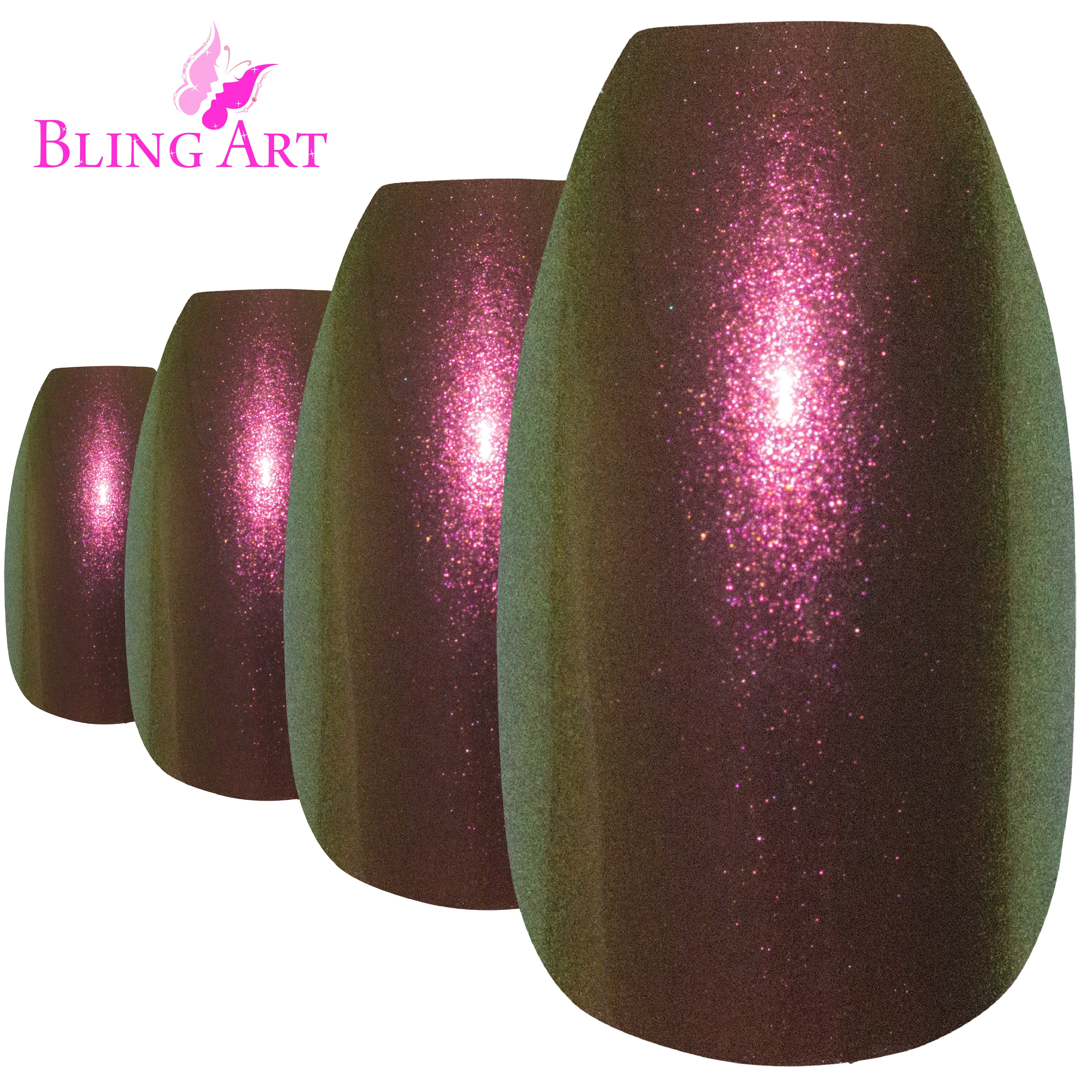 Bling Art Gold Green chameleon ballerina coffin press-on nail set packaging — 24 nails, 12 sizes XS-XXL, file and cuticle stick included. Glue not included.
