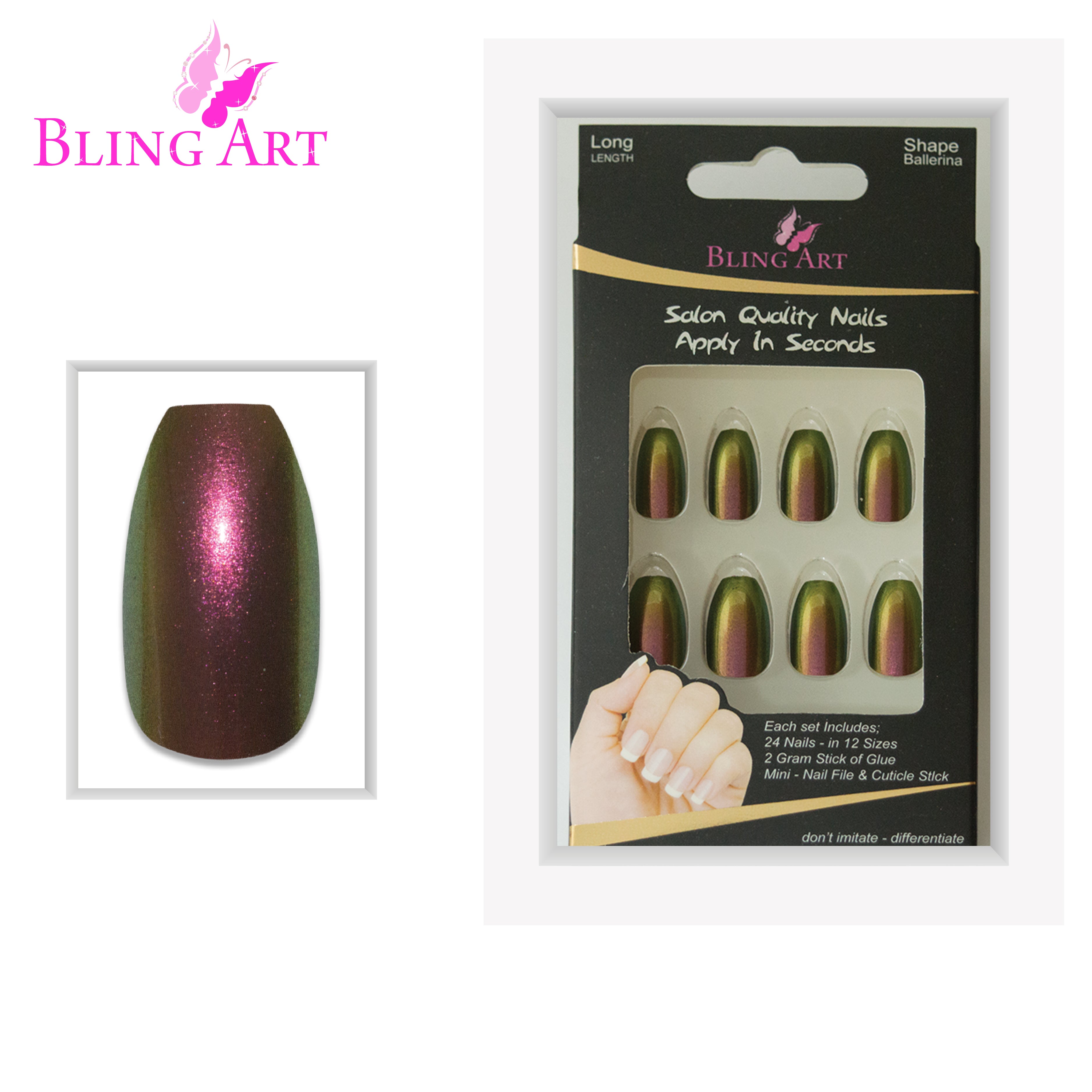 Gold Green chameleon ballerina coffin Bling Art press-on nails — full-hand reveal showing all 24 nails for festivals and editorial events.