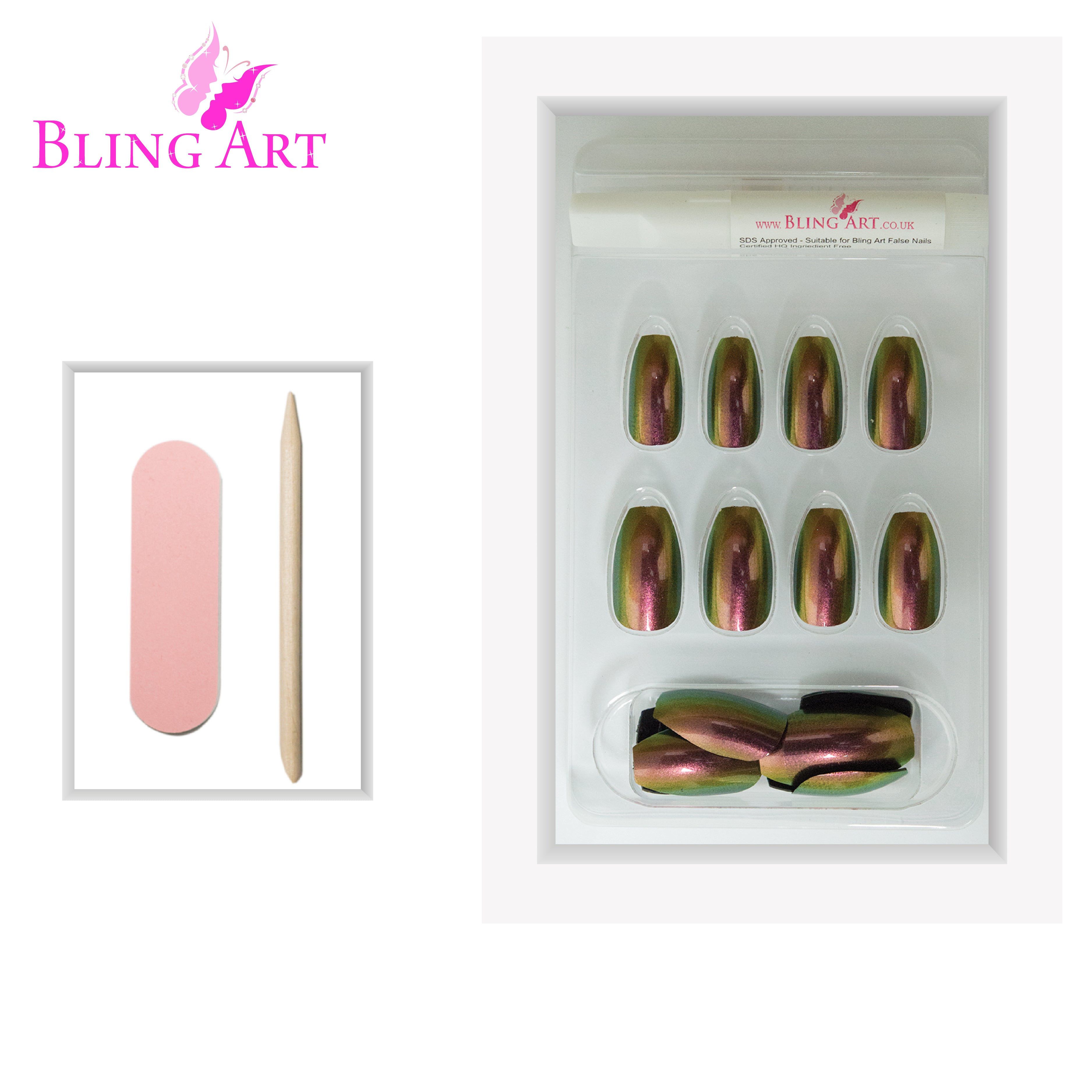 Gold Green chameleon ballerina coffin Bling Art press-on nails — lifestyle context shot showing the bold colour-shifting effect.