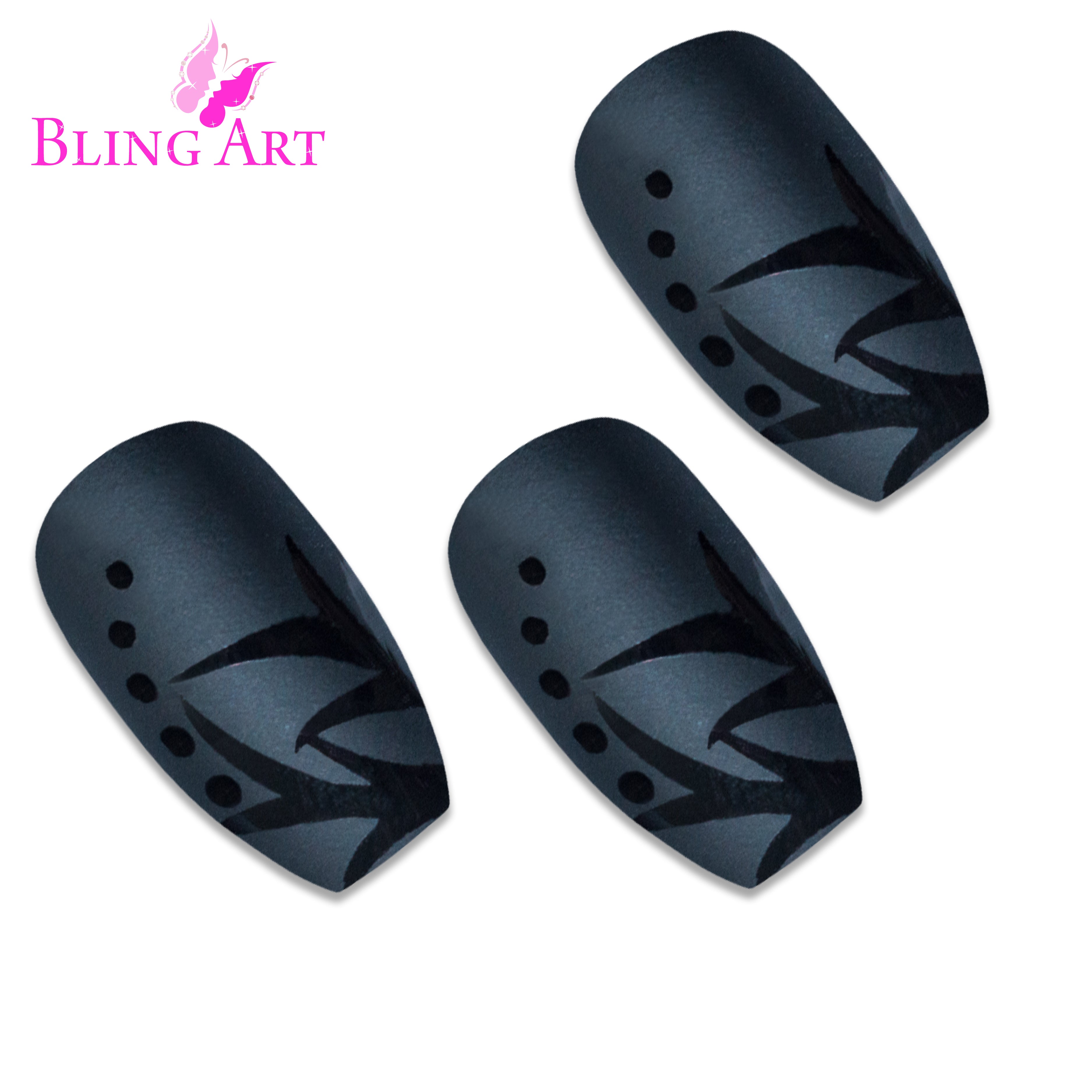 Black Leaf matte ballerina coffin Bling Art press-on nails — alternative angle revealing the bond line on the long ballerina coffin shape.