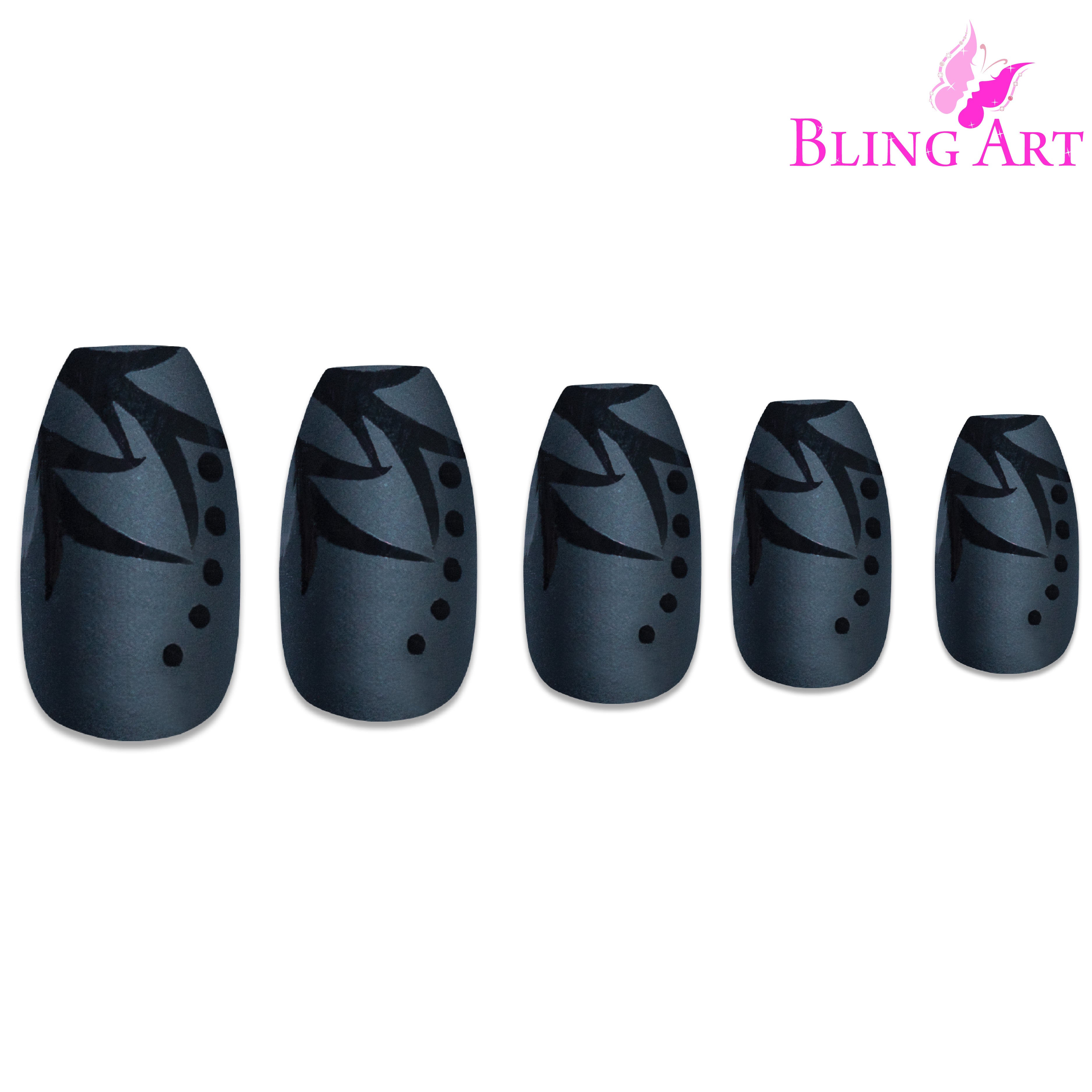 Black Leaf matte ballerina coffin Bling Art press-on nails — full-hand reveal showing all 24 nails for parties and editorial events.