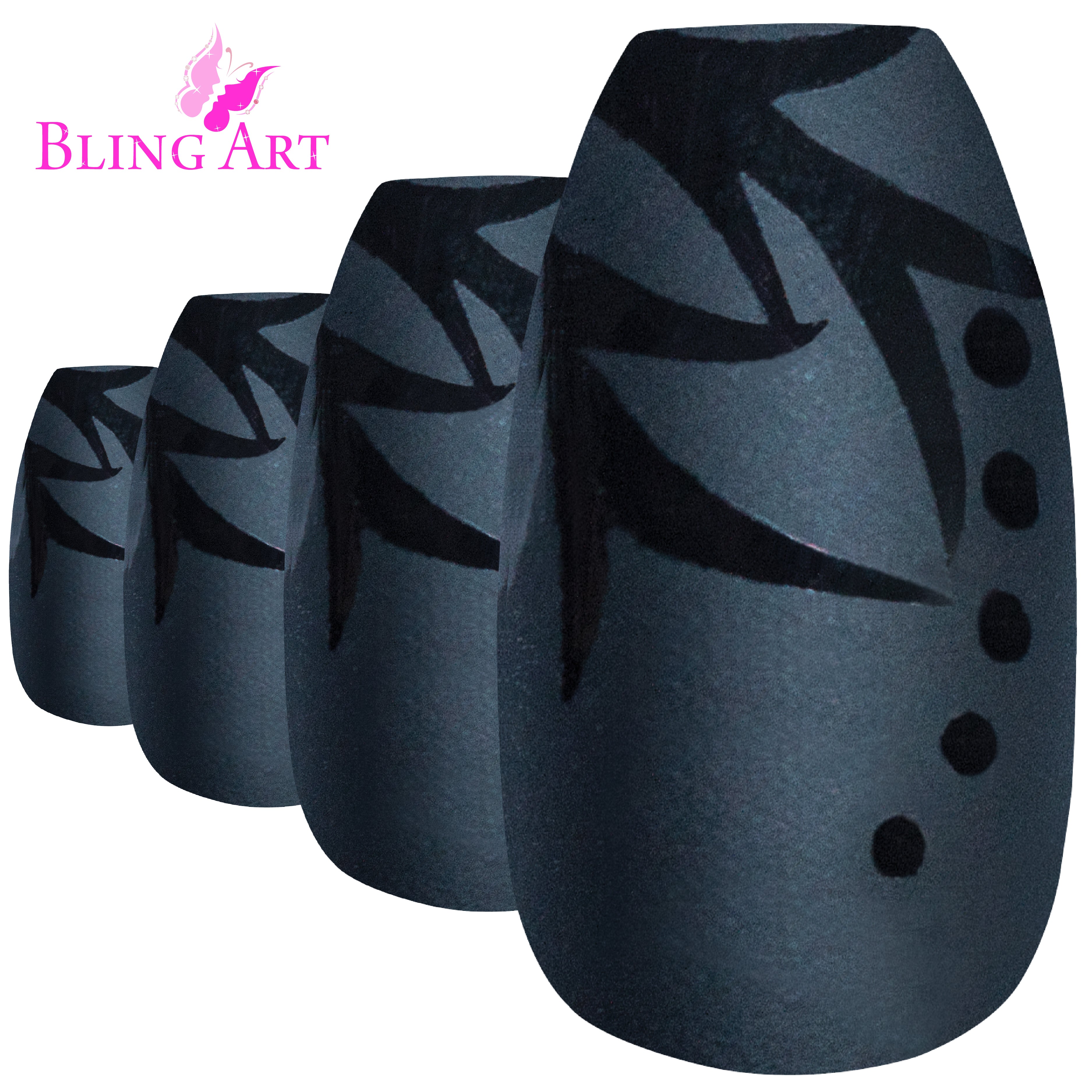 Bling Art Black Leaf matte ballerina coffin press-on nail set packaging — 24 nails, 12 sizes XS-XXL, file and cuticle stick included. Glue not included.