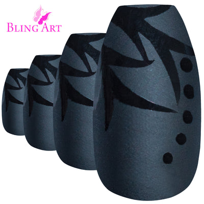 Black leaf-pattern matte ballerina coffin press-on false nails by Bling Art — modern botanical statement for parties, festivals, and editorial events · smooth velvet matte texture with leaf design · long ballerina coffin tips · 24 nails per set with adhesive · designed in Yorkshire