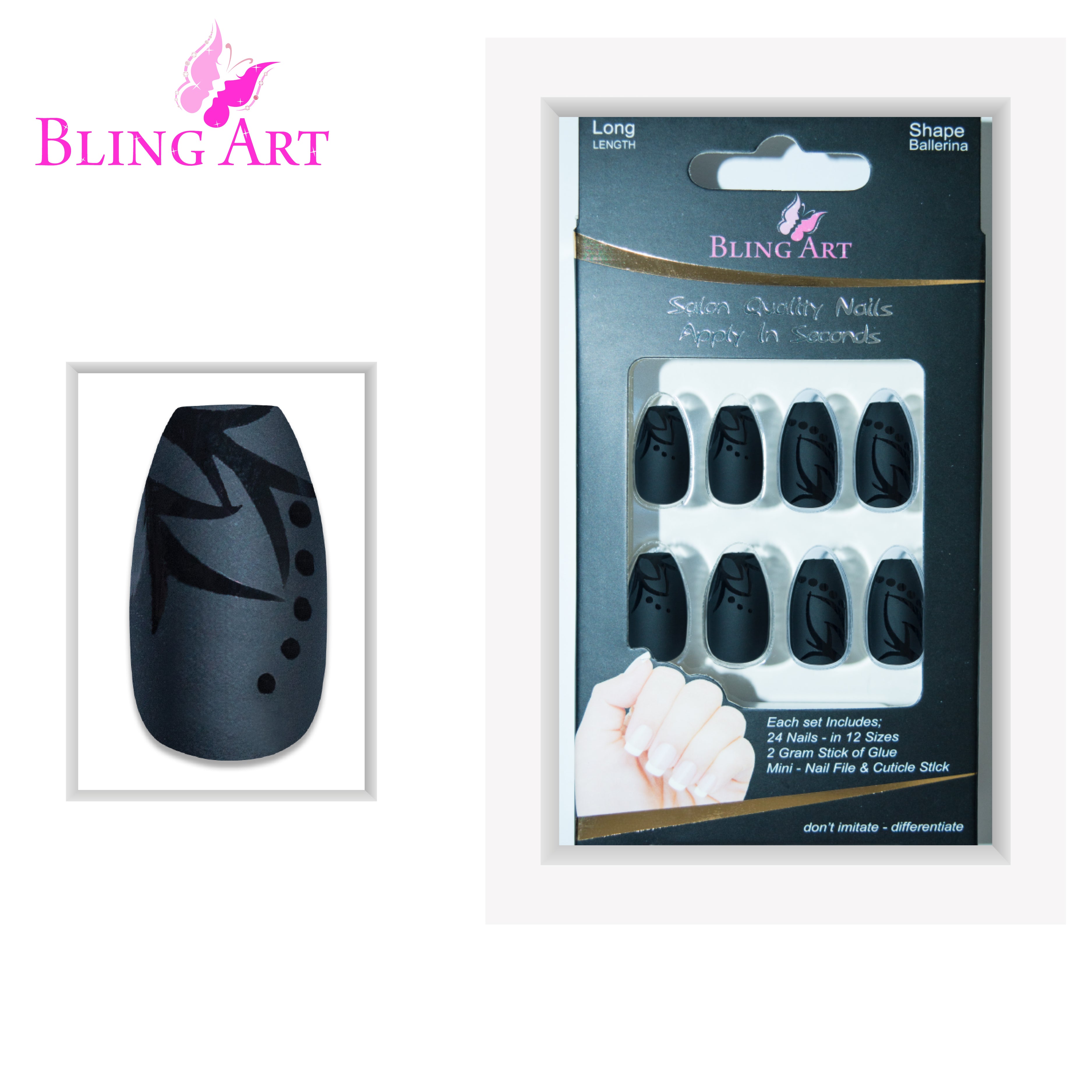 Black Leaf matte ballerina coffin Bling Art press-on nails — lifestyle context shot showing the modern botanical leaf statement.