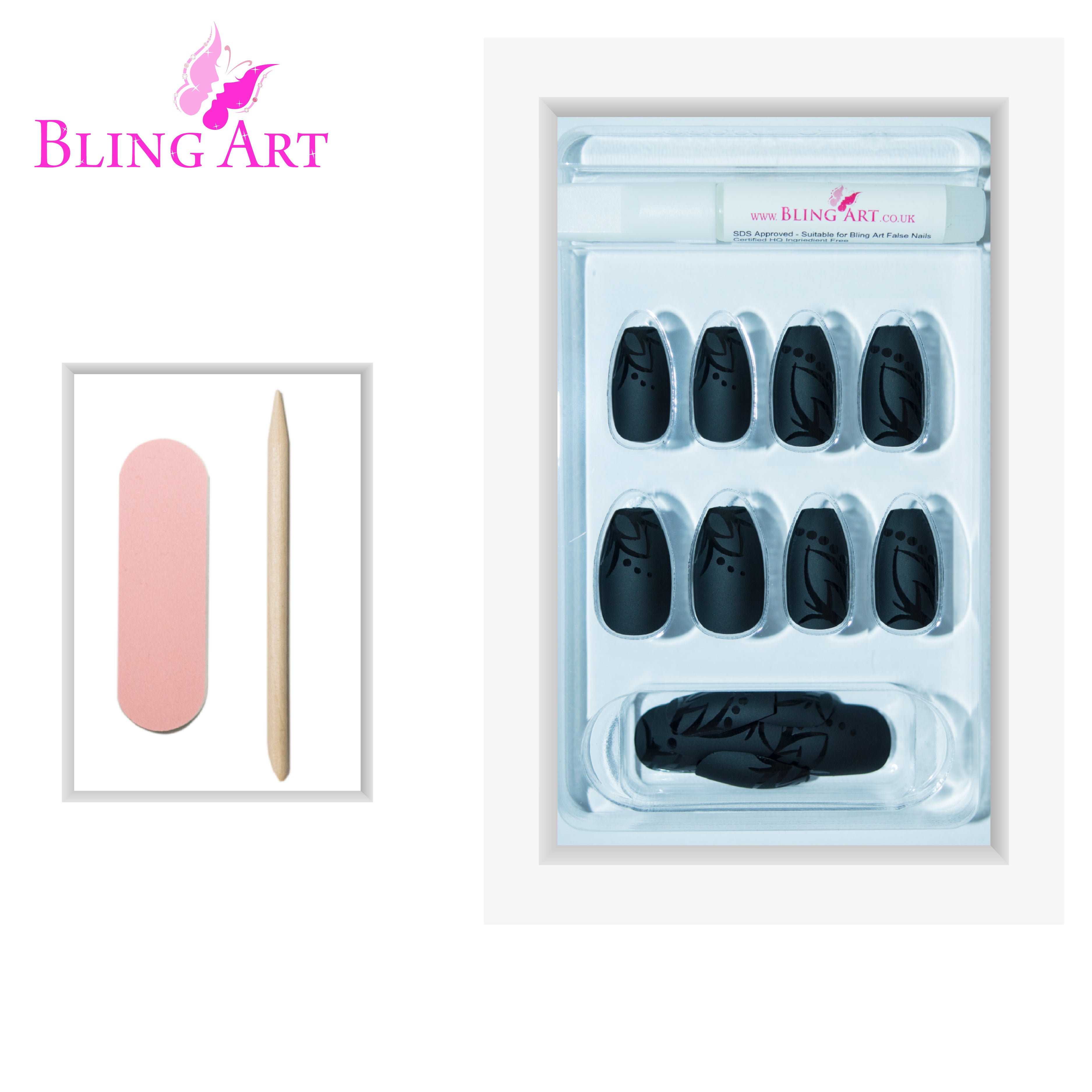 Black Leaf matte ballerina coffin Bling Art press-on nails — worn-hand close-up showing the leaf-pattern detail on long ballerina coffin tips. Ballerina = Coffin (same shape).