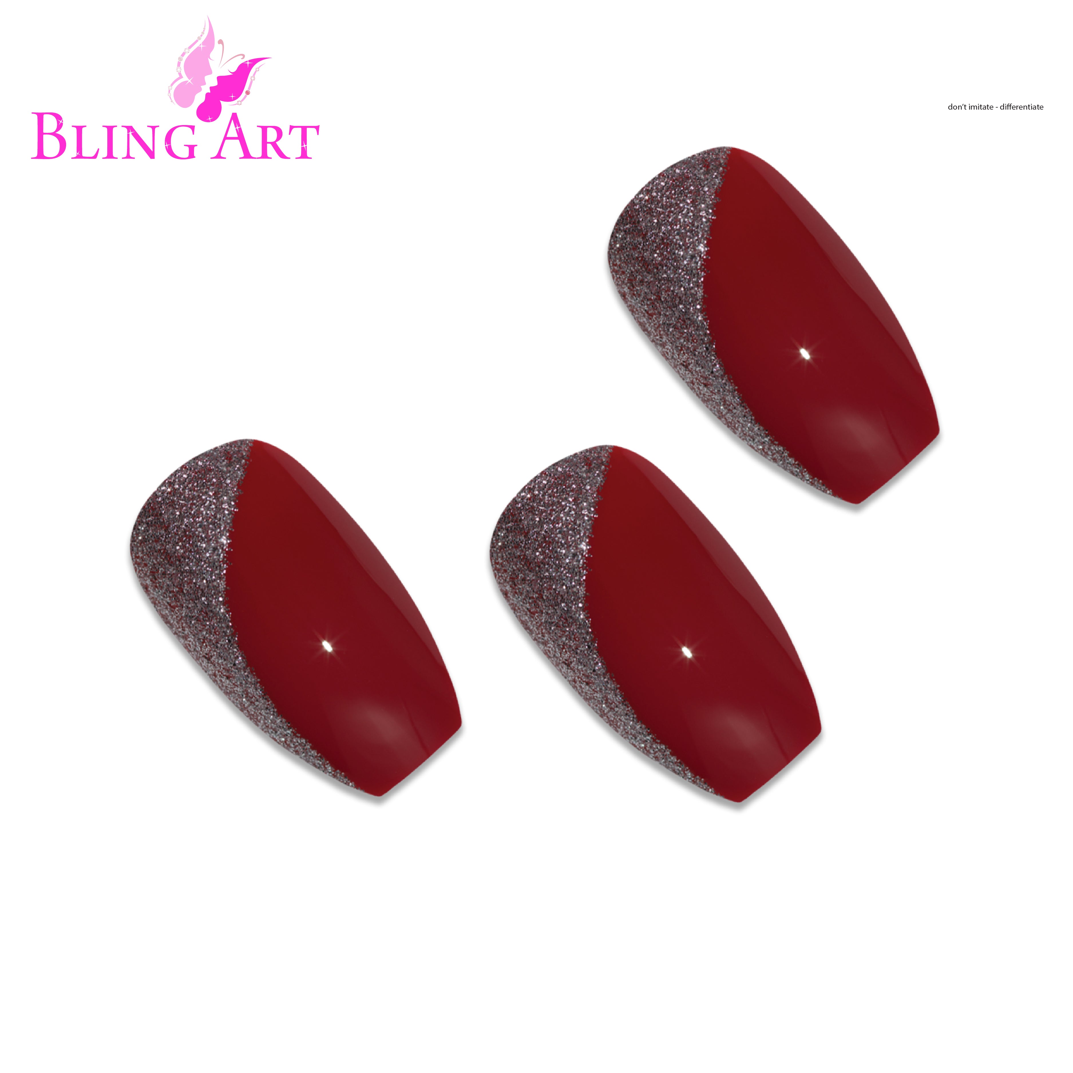 Red glitter ballerina coffin Bling Art press-on nails — lifestyle context shot showing the bold crimson sparkle finish.