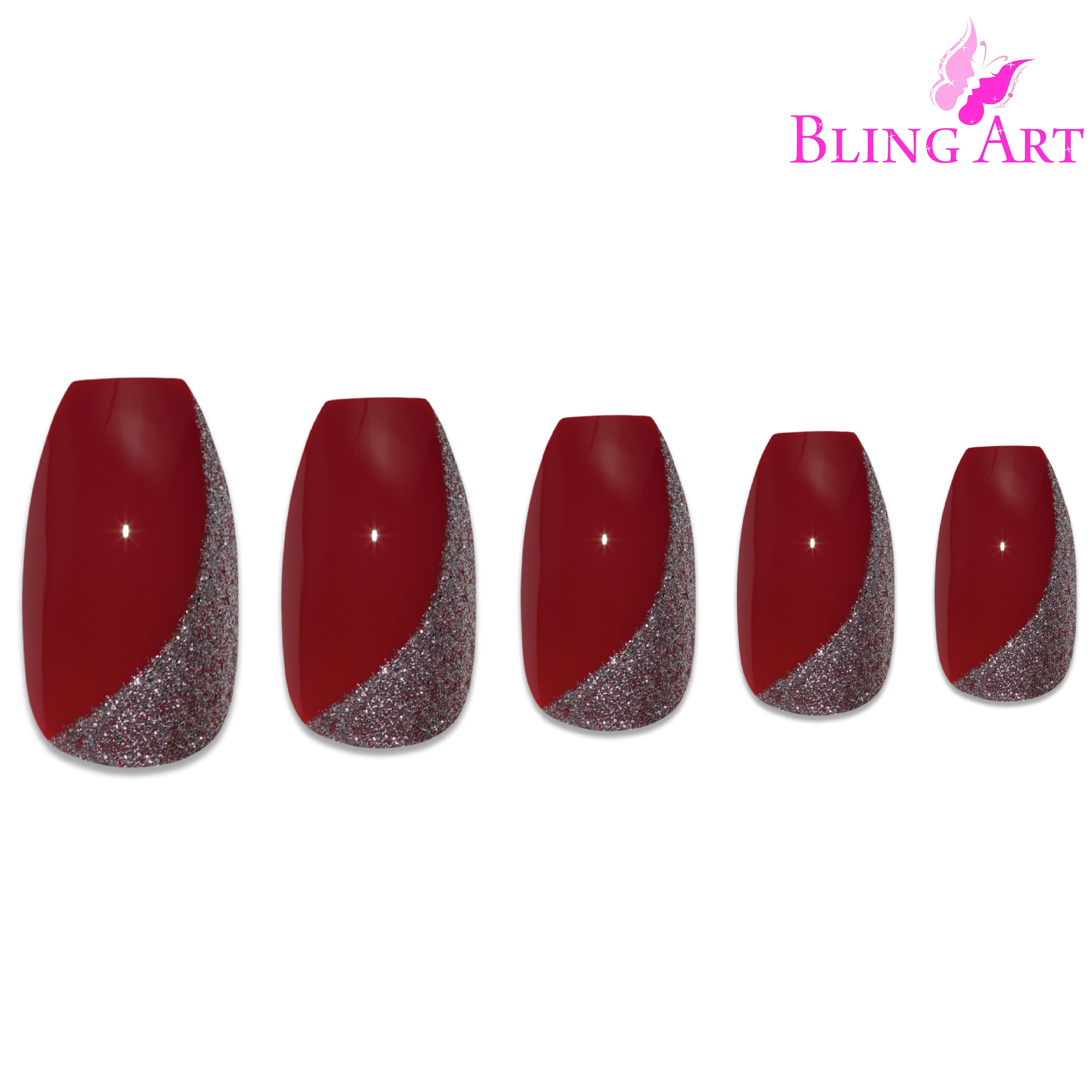 Red glitter ballerina coffin Bling Art press-on nails — alternative angle revealing the glitter density on the long ballerina coffin shape.