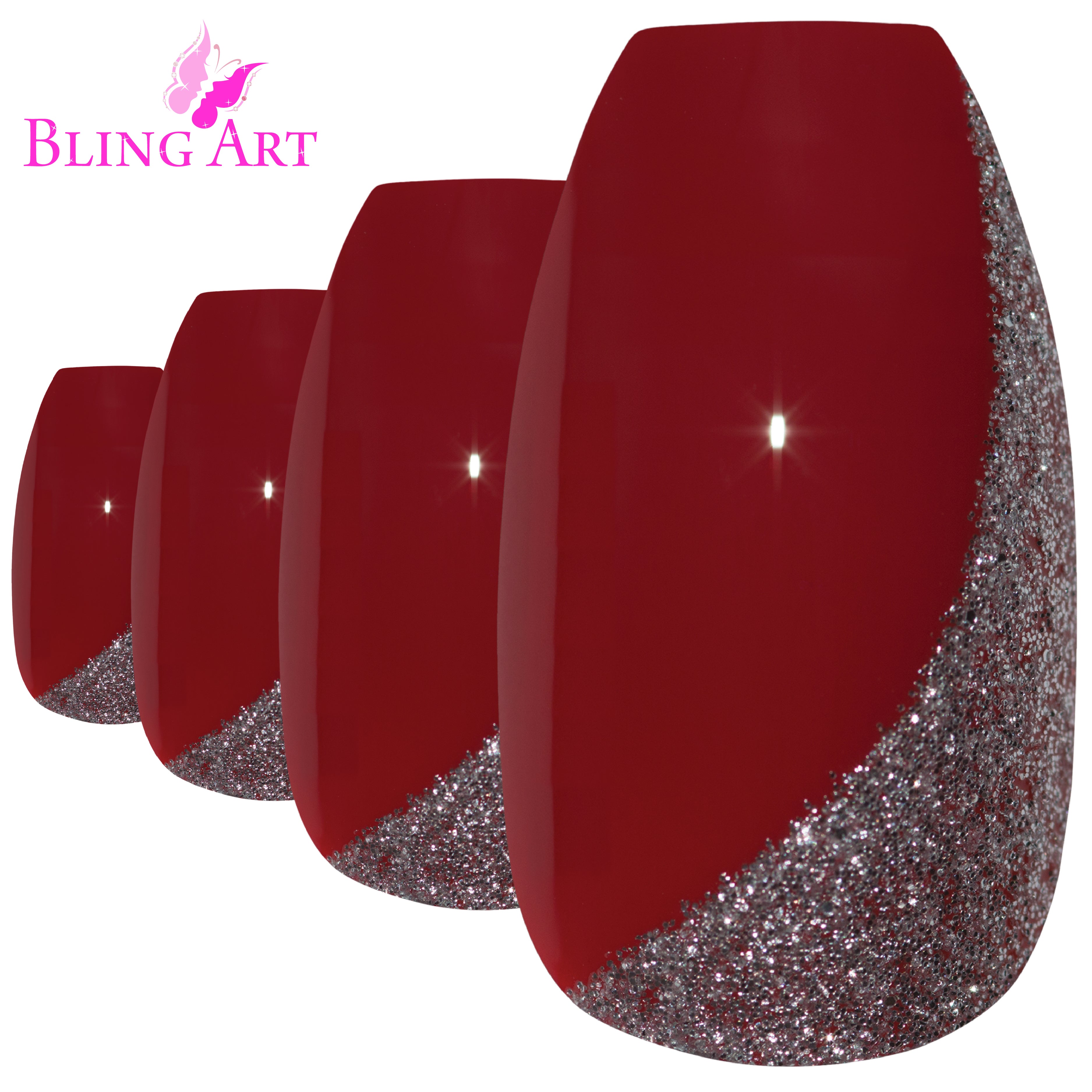 Red glitter ballerina coffin Bling Art press-on nails — worn-hand close-up showing the crimson sparkle on long ballerina coffin tips.
