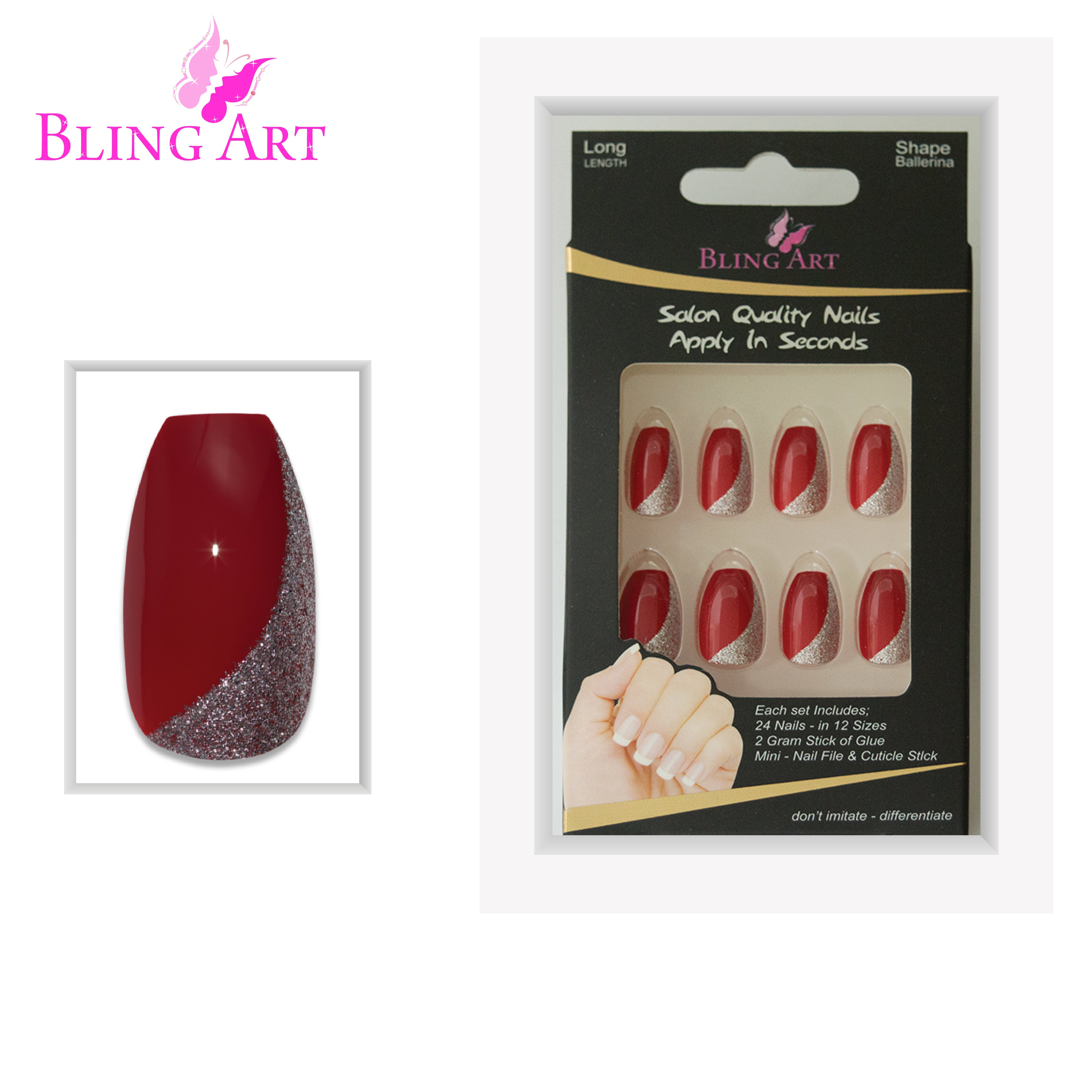 Red glitter ballerina coffin Bling Art press-on nails — full-hand reveal showing all 24 nails for date nights and parties.