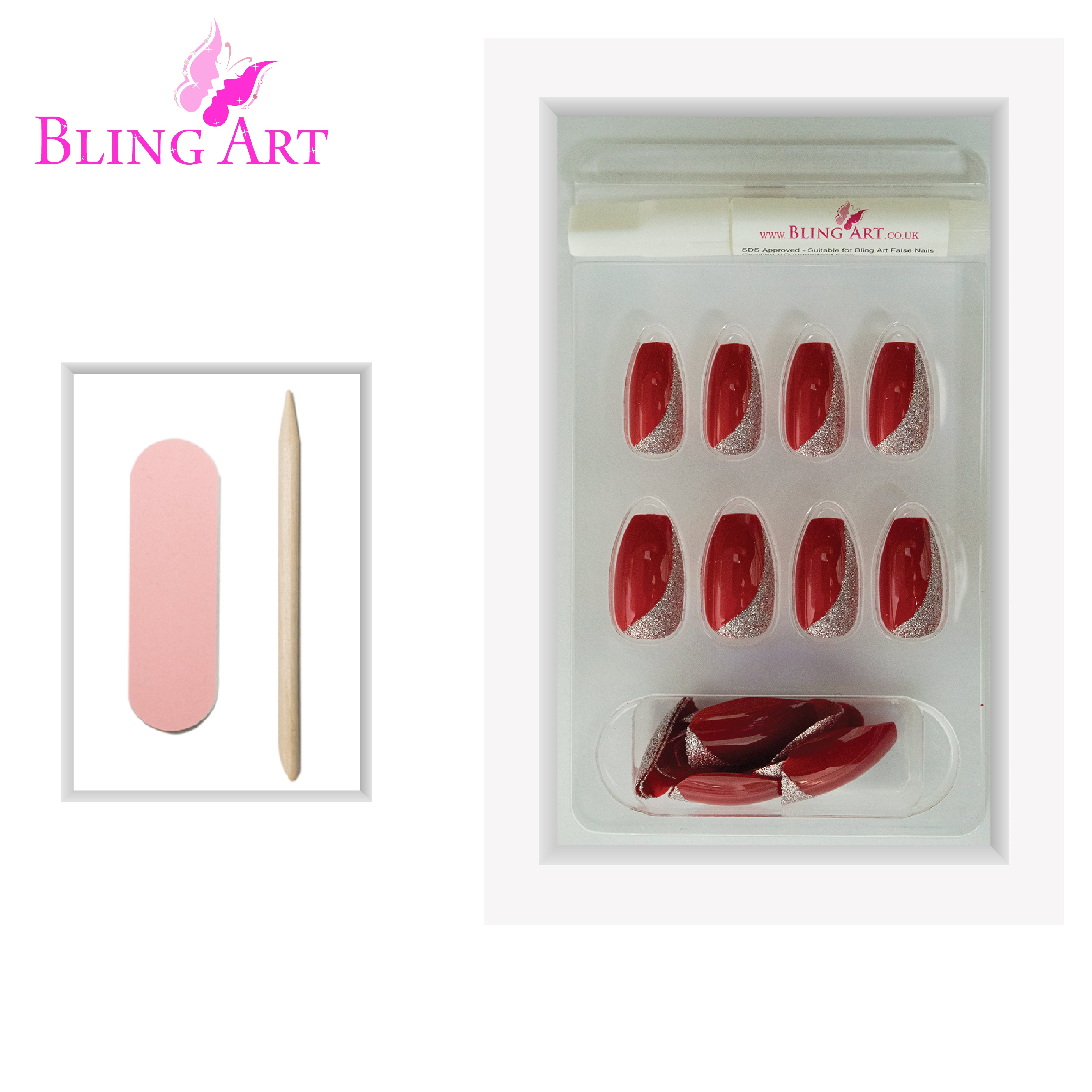 Bling Art Red glitter ballerina coffin press-on nail set packaging — 24 nails, 12 sizes XS-XXL, file and cuticle stick included. Glue not included.