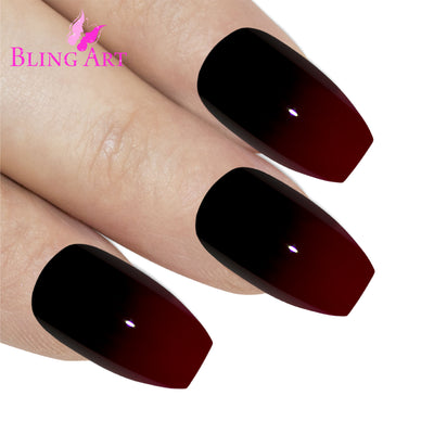 Two-tone crimson red and jet black ballerina coffin long press-on false nails by Bling Art — bold rock-romantic statement for parties, date nights, and editorial events · smooth lacquered finish · long ballerina coffin tips · 24 nails per set with adhesive · designed in Yorkshire