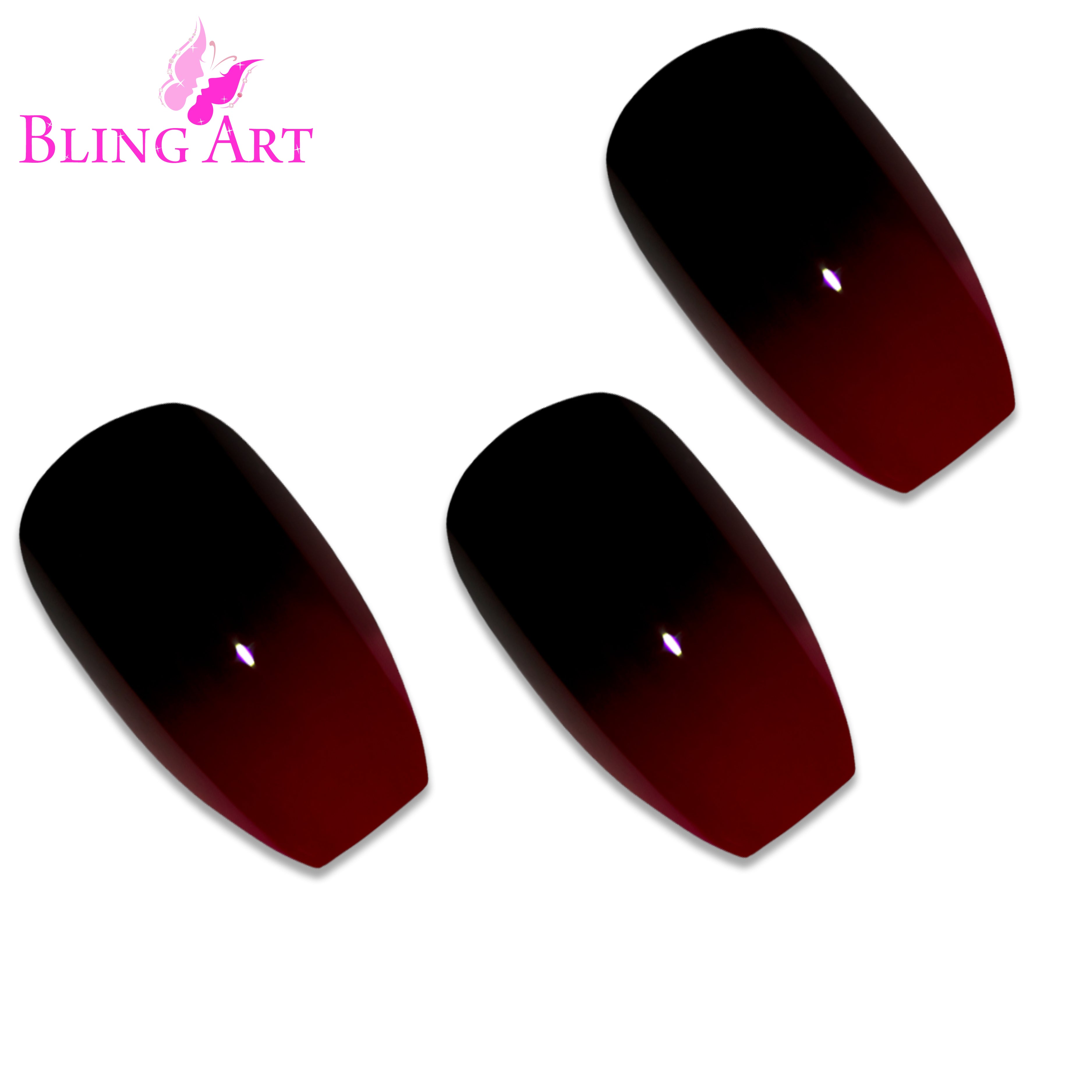 Red Black ballerina coffin Bling Art press-on nails — worn-hand close-up showing the two-tone crimson and jet-black lacquer on long ballerina coffin tips. Ballerina = Coffin (same shape).