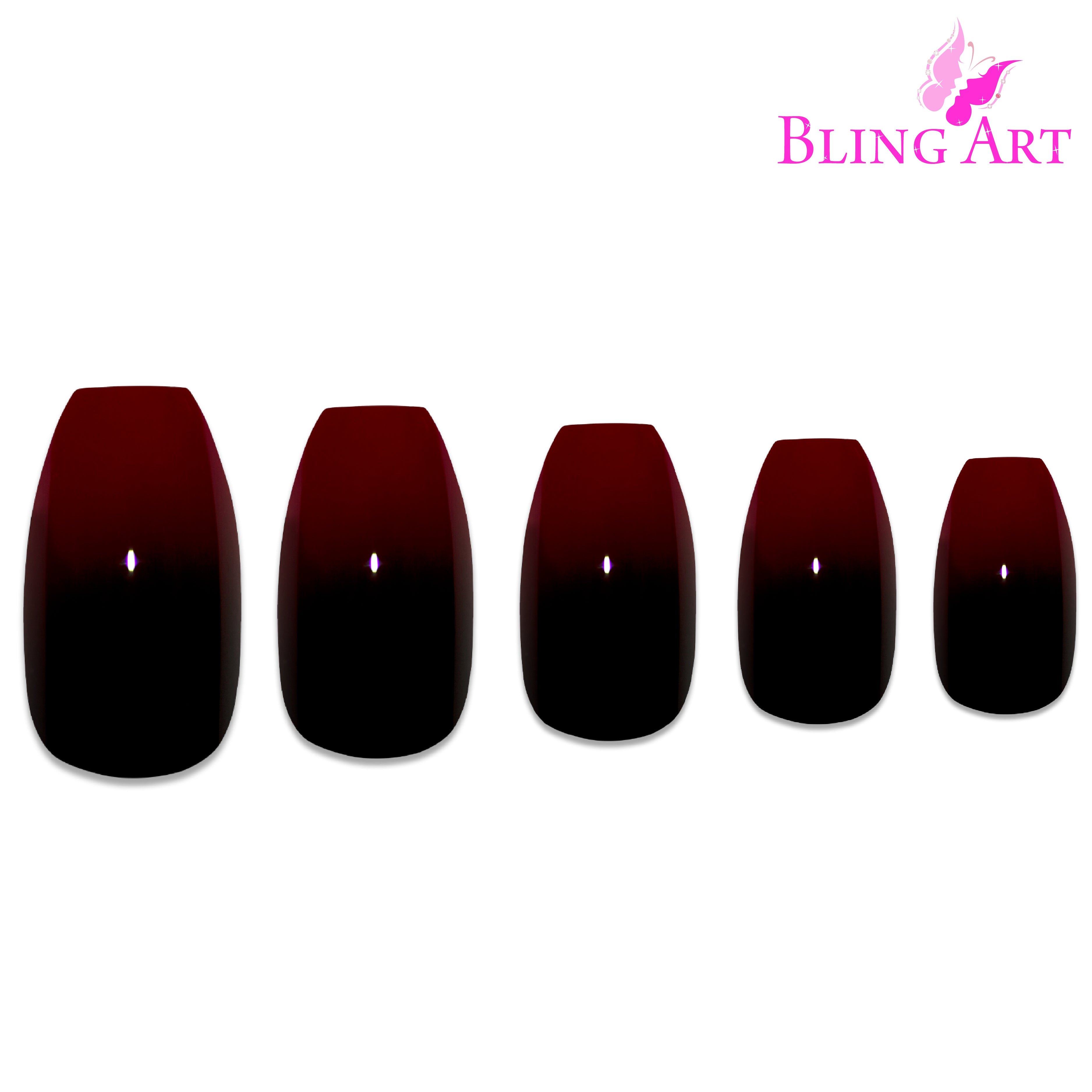 Red Black ballerina coffin Bling Art press-on nails — full-hand reveal showing all 24 nails for parties, date nights and editorial events.