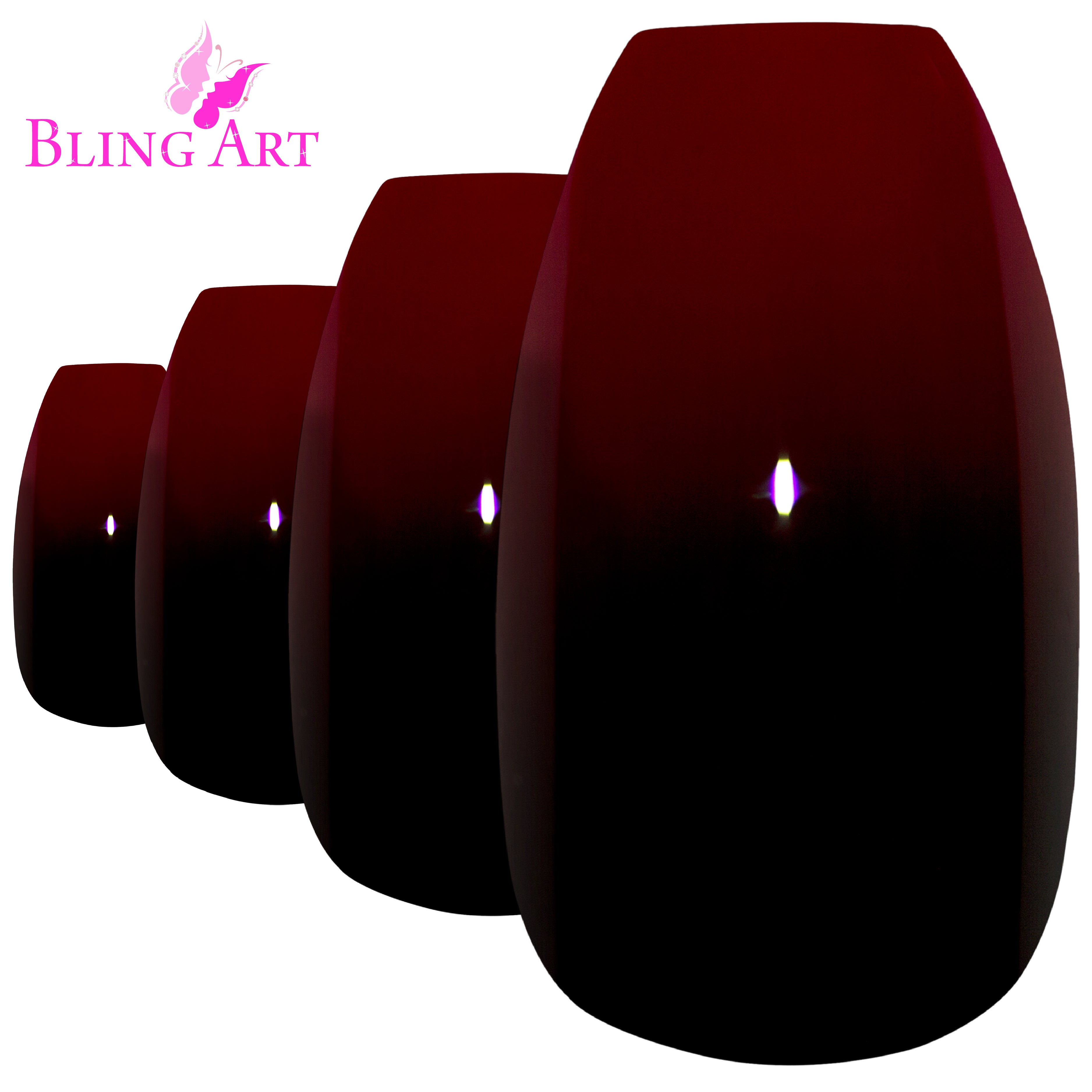 Red Black ballerina coffin Bling Art press-on nails — alternative angle revealing the two-tone bond line on the long ballerina coffin shape.