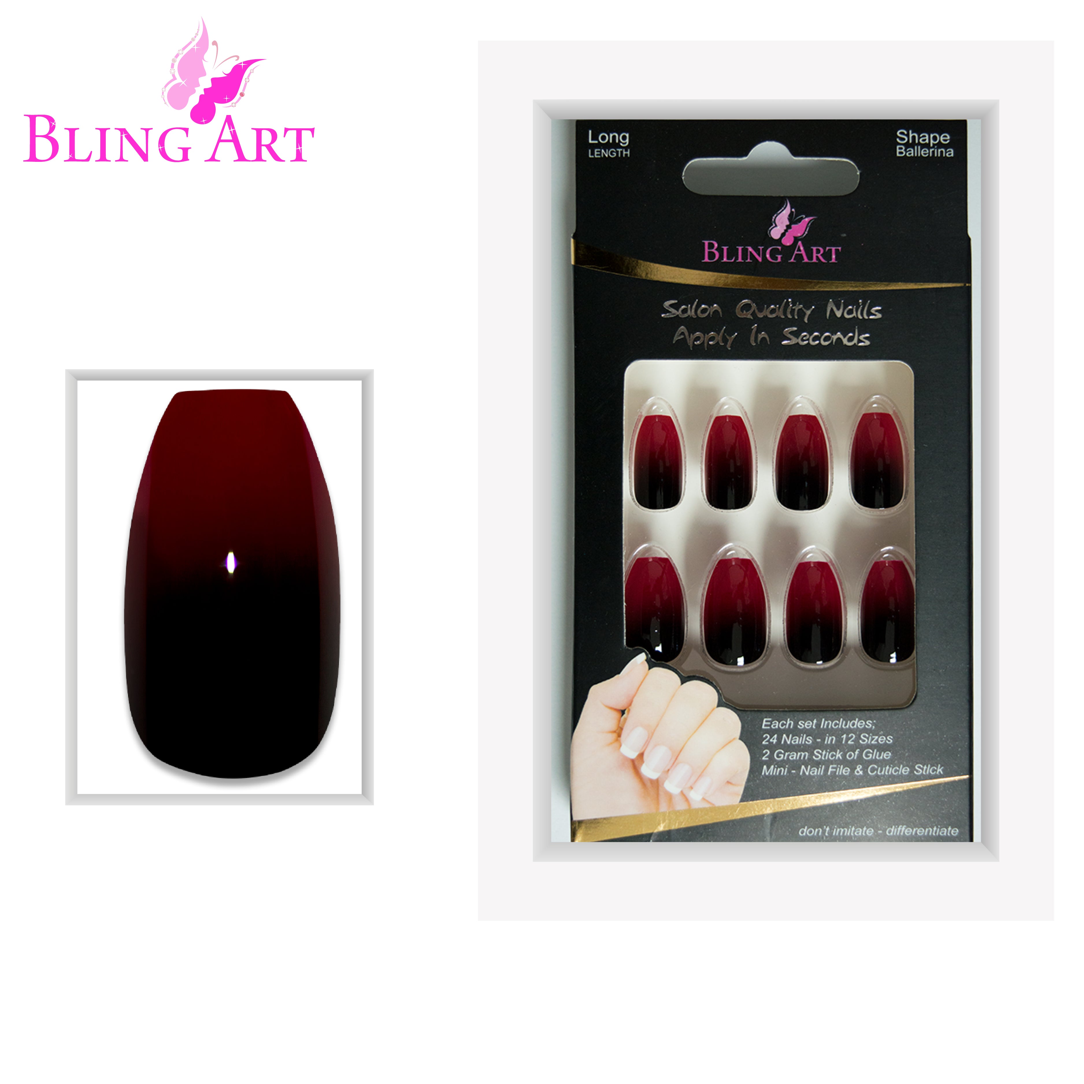 Red Black ballerina coffin Bling Art press-on nails — lifestyle context shot showing the striking duo-tone crimson and black.