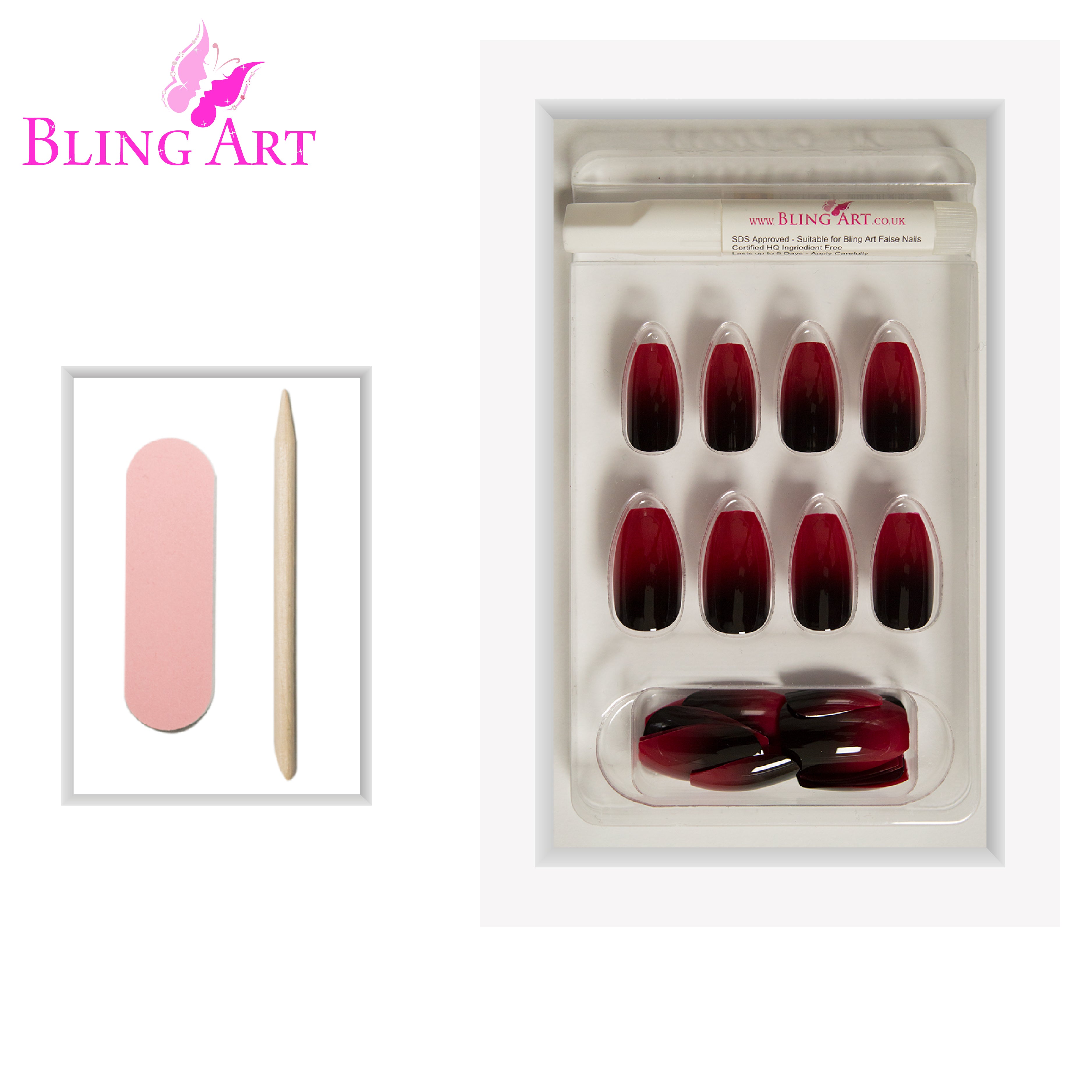 Bling Art Red Black ballerina coffin press-on nail set packaging — 24 nails, 12 sizes XS-XXL, file and cuticle stick included. Glue not included.