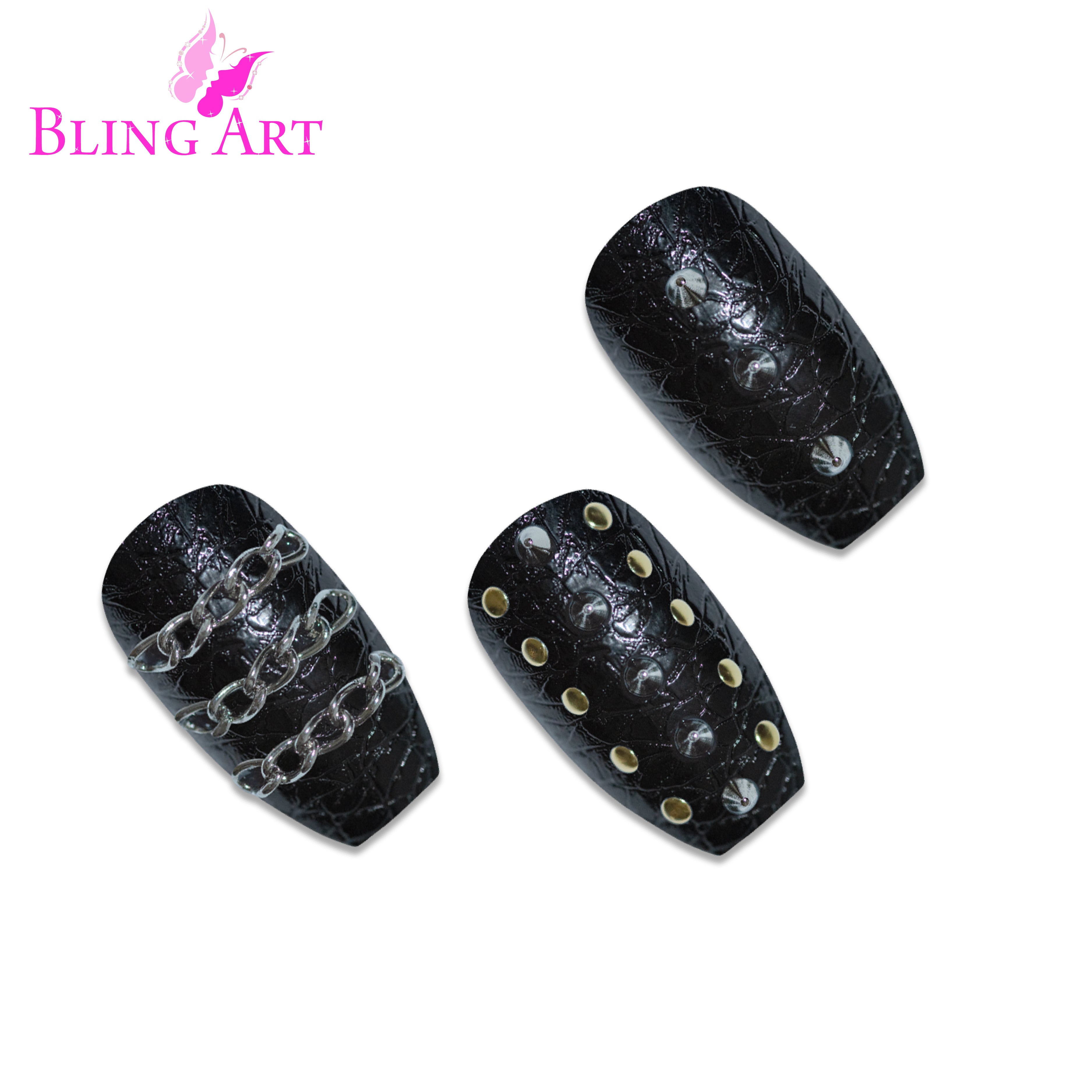 Black Punk ballerina coffin Bling Art press-on nails — worn-hand close-up showing the edgy black punk-style detail on long ballerina coffin tips. Ballerina = Coffin (same shape).