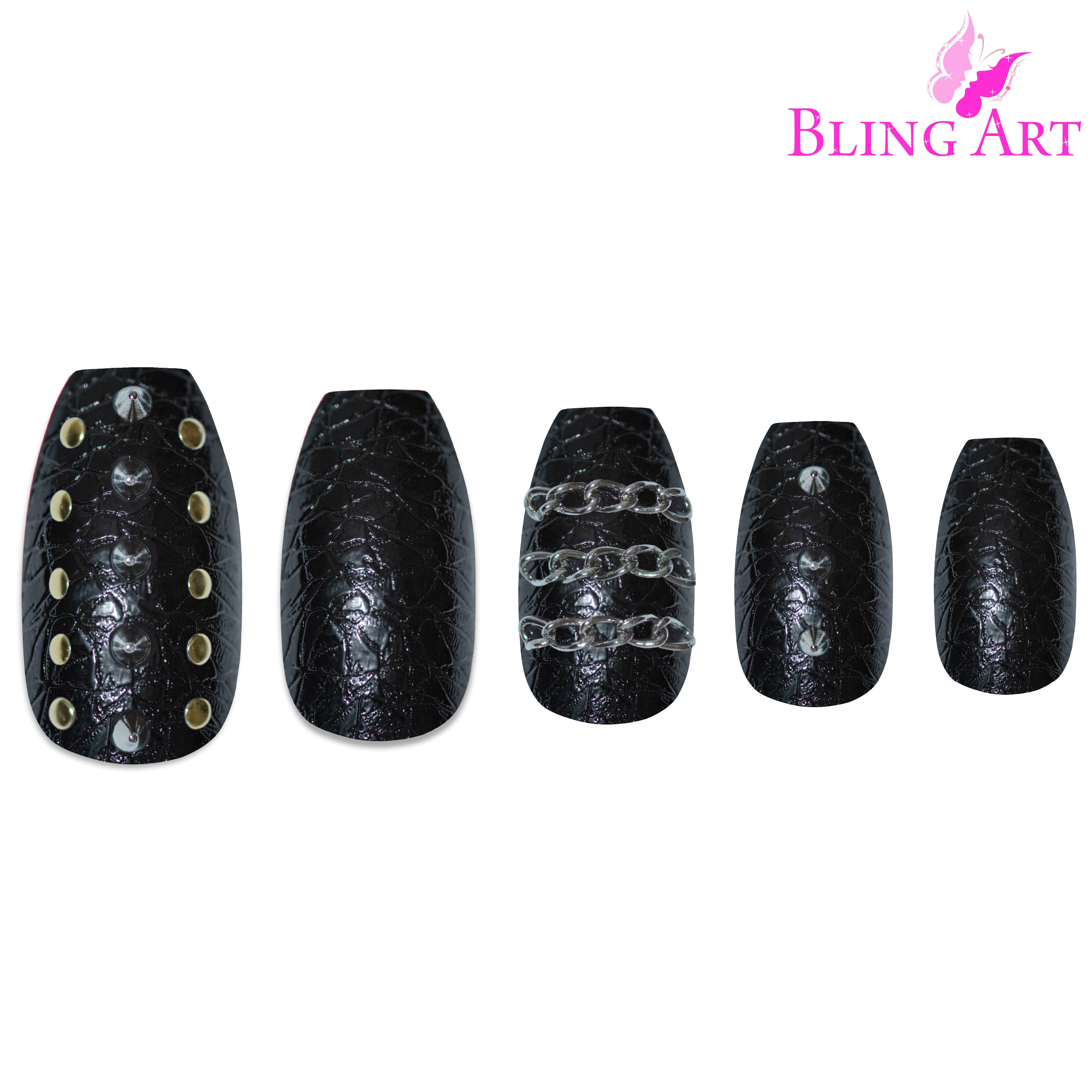 Black Punk ballerina coffin Bling Art press-on nails — alternative angle revealing the punk detail on the long ballerina coffin shape.