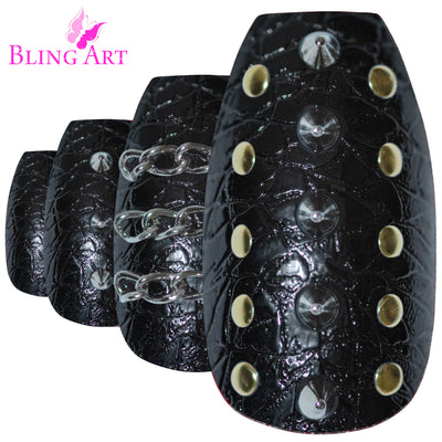 Black punk-style ballerina coffin long press-on false nails by Bling Art — fierce bold-length statement for parties, festivals, and editorial events · high-shine finish with punk-style design · long ballerina coffin tips · 24 nails per set with adhesive · designed in Yorkshire